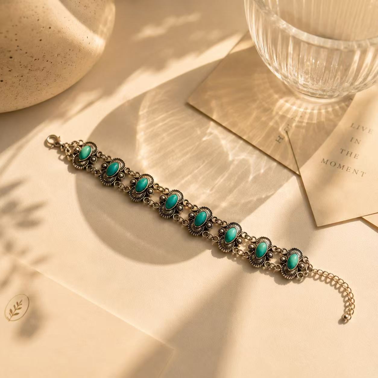 Elegant Turquoise Stone Bracelet with Intricate Silver Design for Women's Fashion Accessory