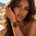 Emerald Green & Amber Statement Bracelet for Women, Gold-Tone Oval Gemstone Cuff, Elegant Vintage-Inspired Jewelry
