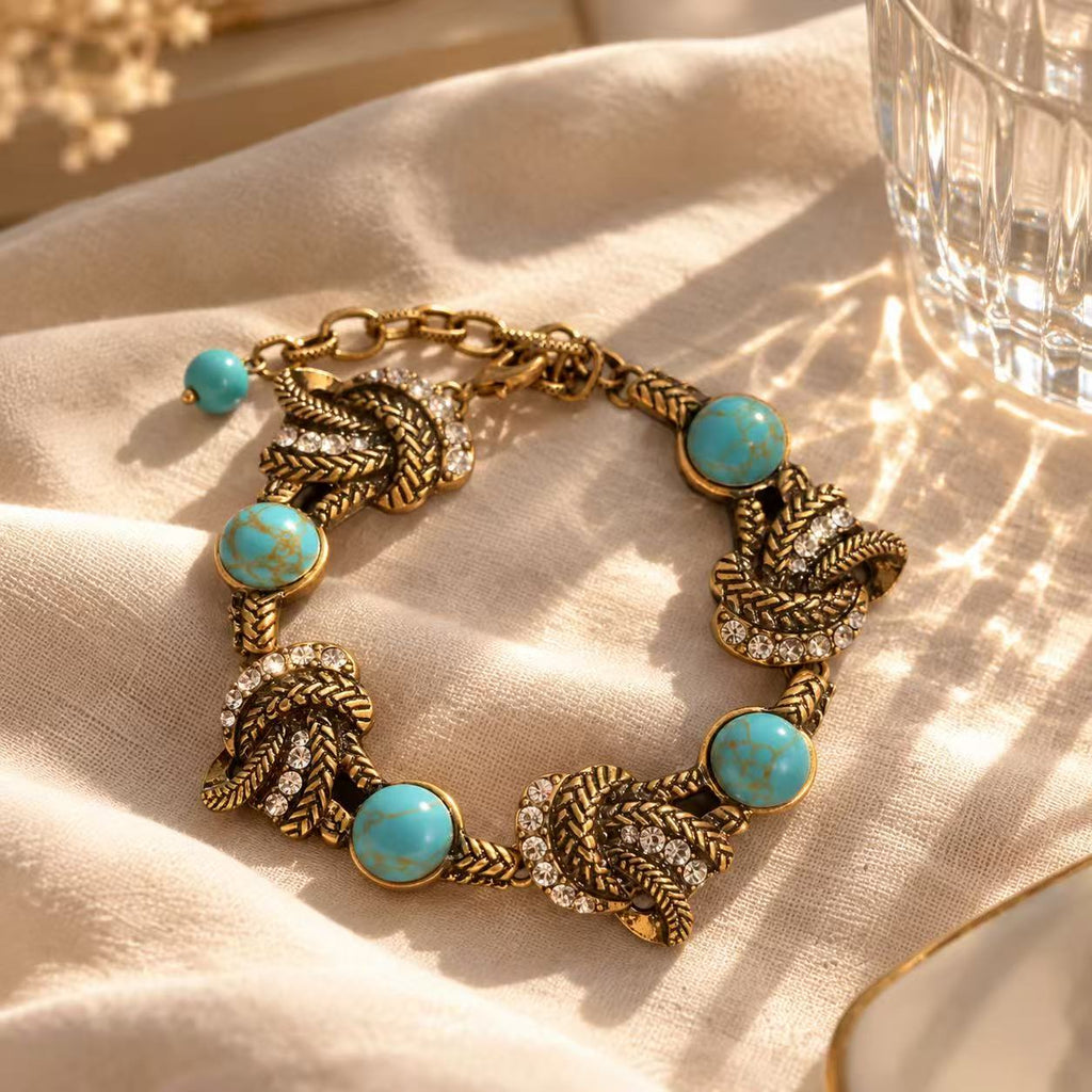 Turquoise & Gold Statement Bracelet – Vintage Leaf Charm Crystal Jewelry