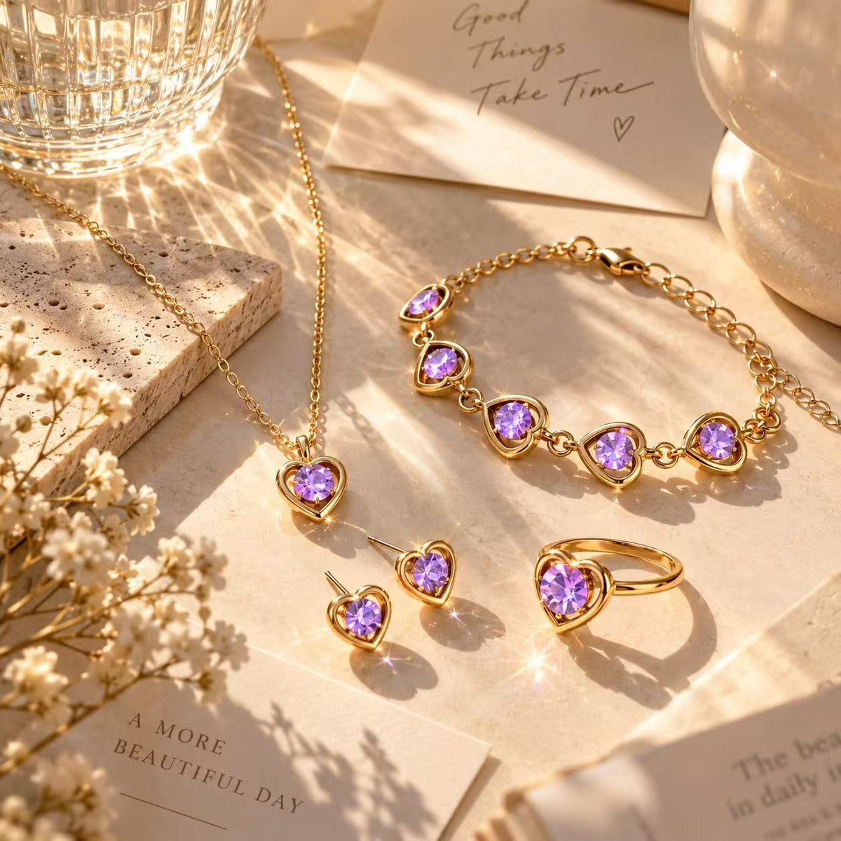 Purple Heart Crystal Jewelry Set for Women, Gold-Tone Necklace, Bracelet, Earrings & Ring, 4-Piece Elegant Jewelry Set