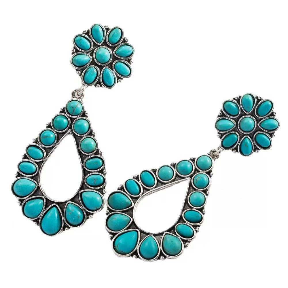 Boho blue Turquoise-Style Teardrop Dangle Earrings for Women, Vintage Western Statement Earrings, Antique Inspired Jewelry