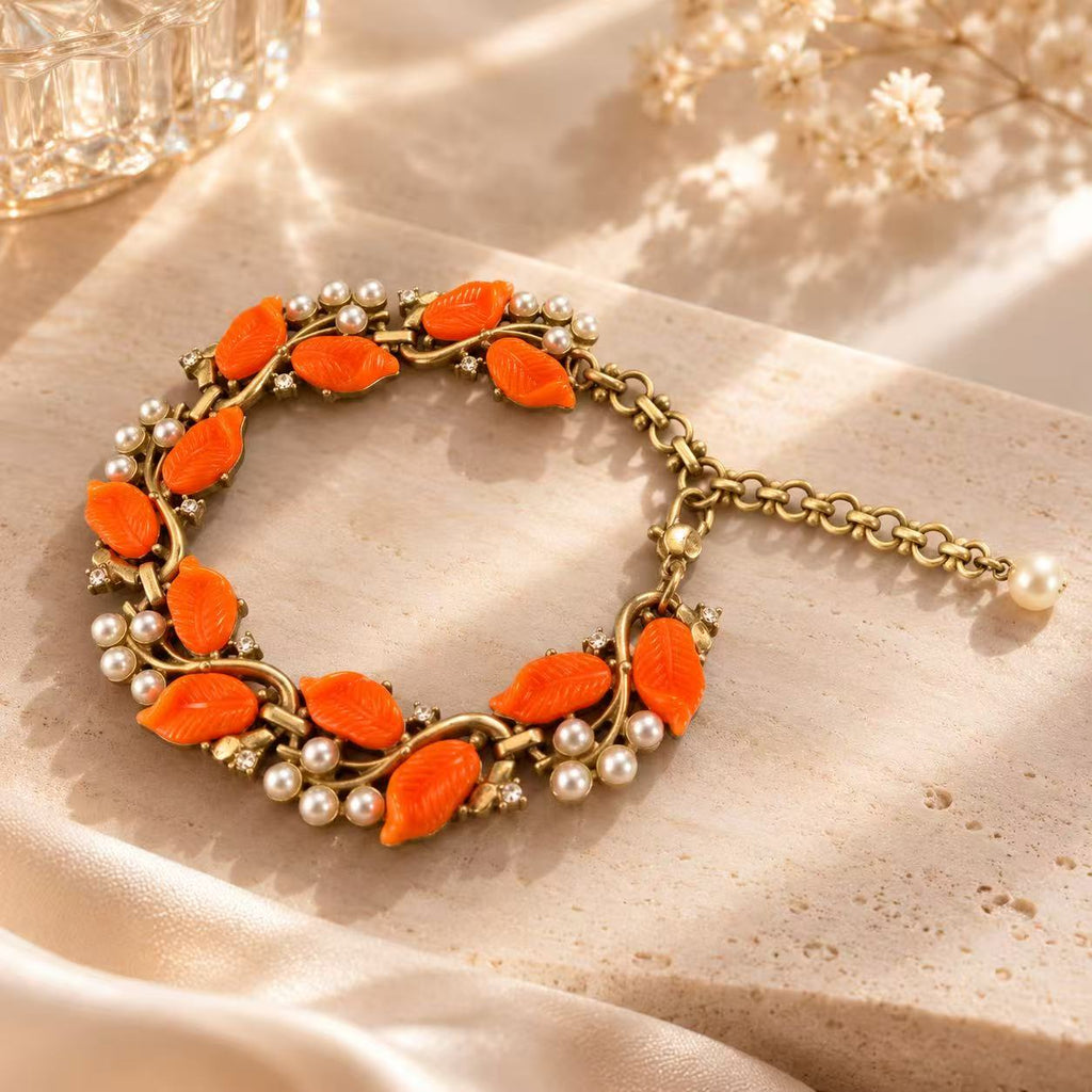 Orange Leaf Pearl Bracelet – Vintage Gold Statement Jewelry, Elegant Gift for Her