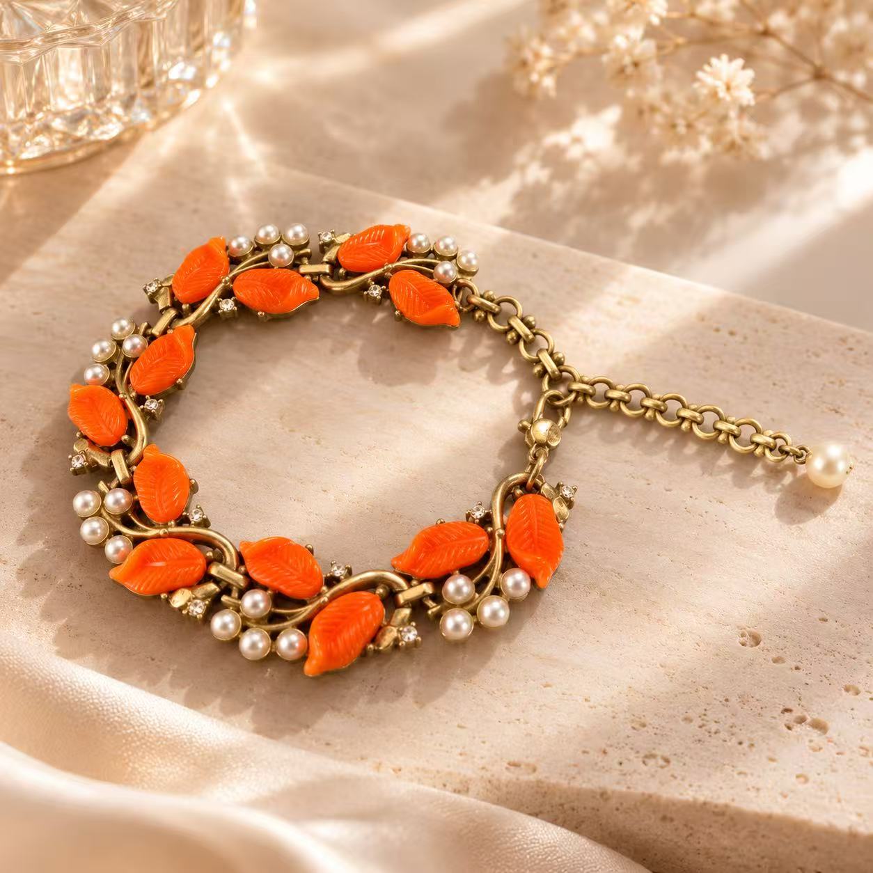 Orange Leaf Pearl Bracelet – Vintage Gold Statement Jewelry, Elegant Gift for Her