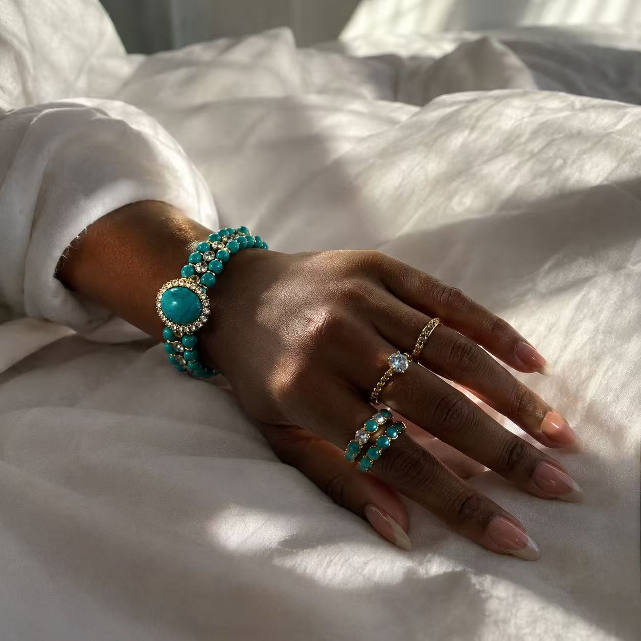 Turquoise Statement Bracelet – Gold-Tone Crystal & Natural Stone-Inspired Jewelry