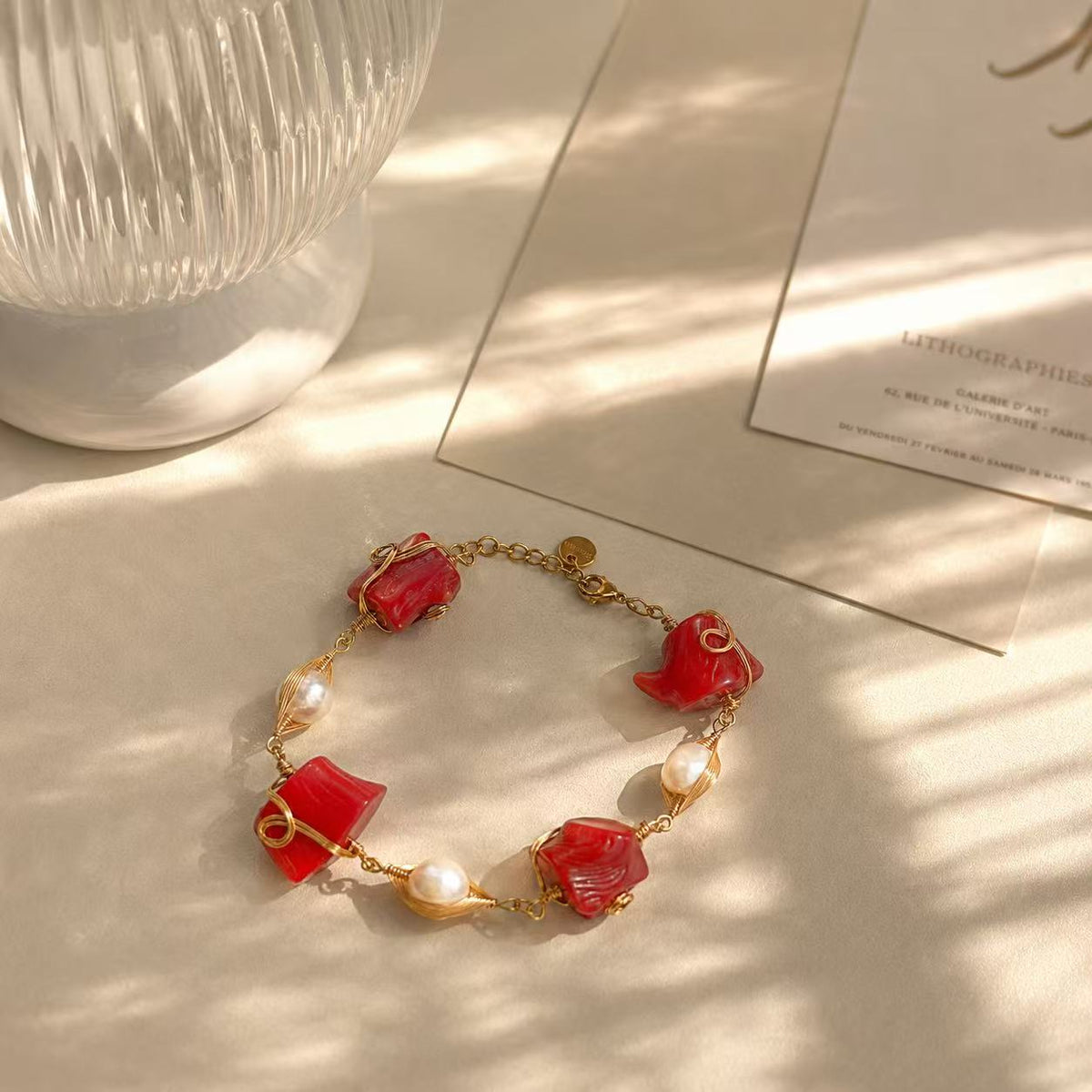 Red Coral & Freshwater Pearl Gold Wire-Wrapped Statement Bracelet