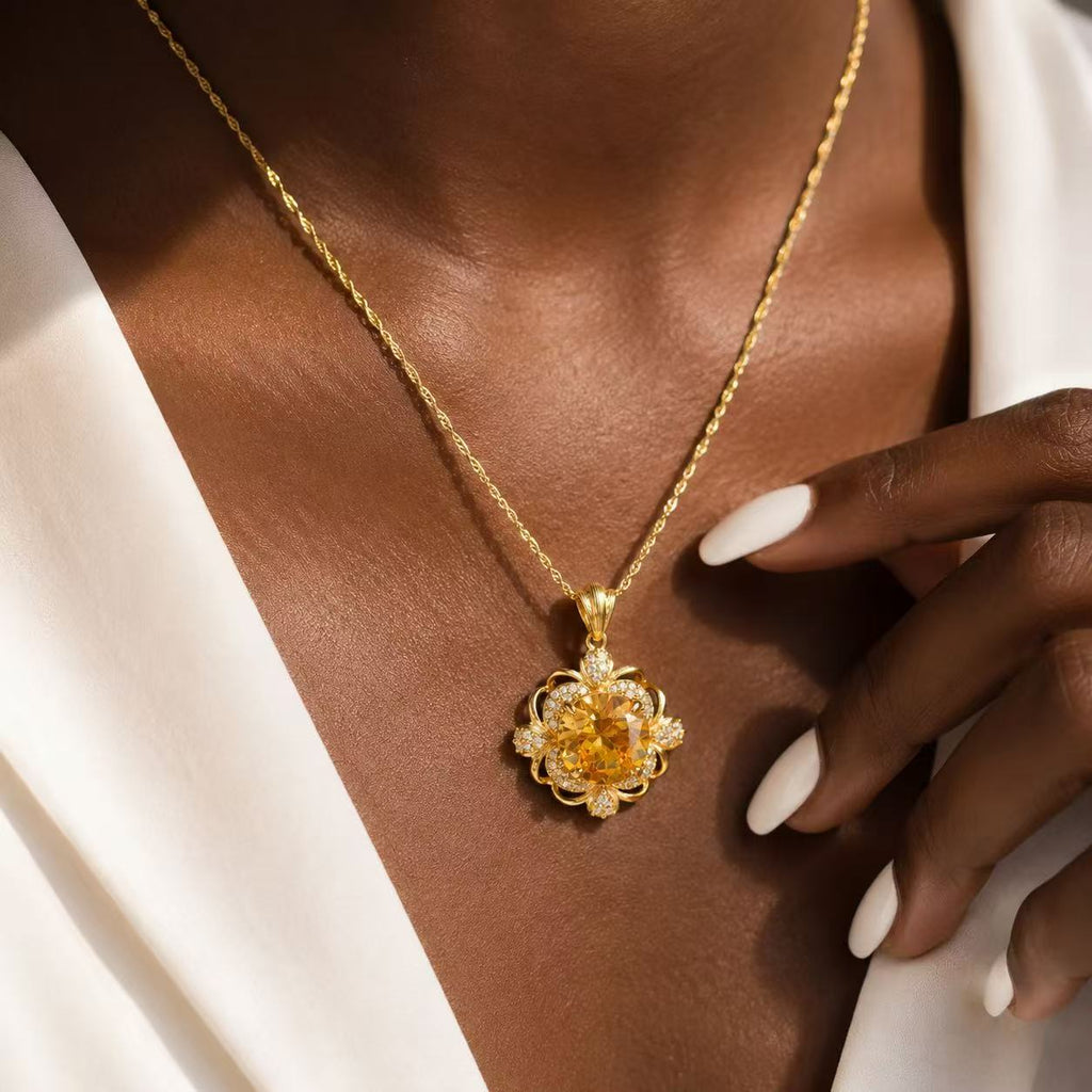 Golden Flower Crystal Pendant Necklace Elegant Gold Flower Pendant Necklace with Yellow Gemstone and Sparkling Accents for Women's Jewelry