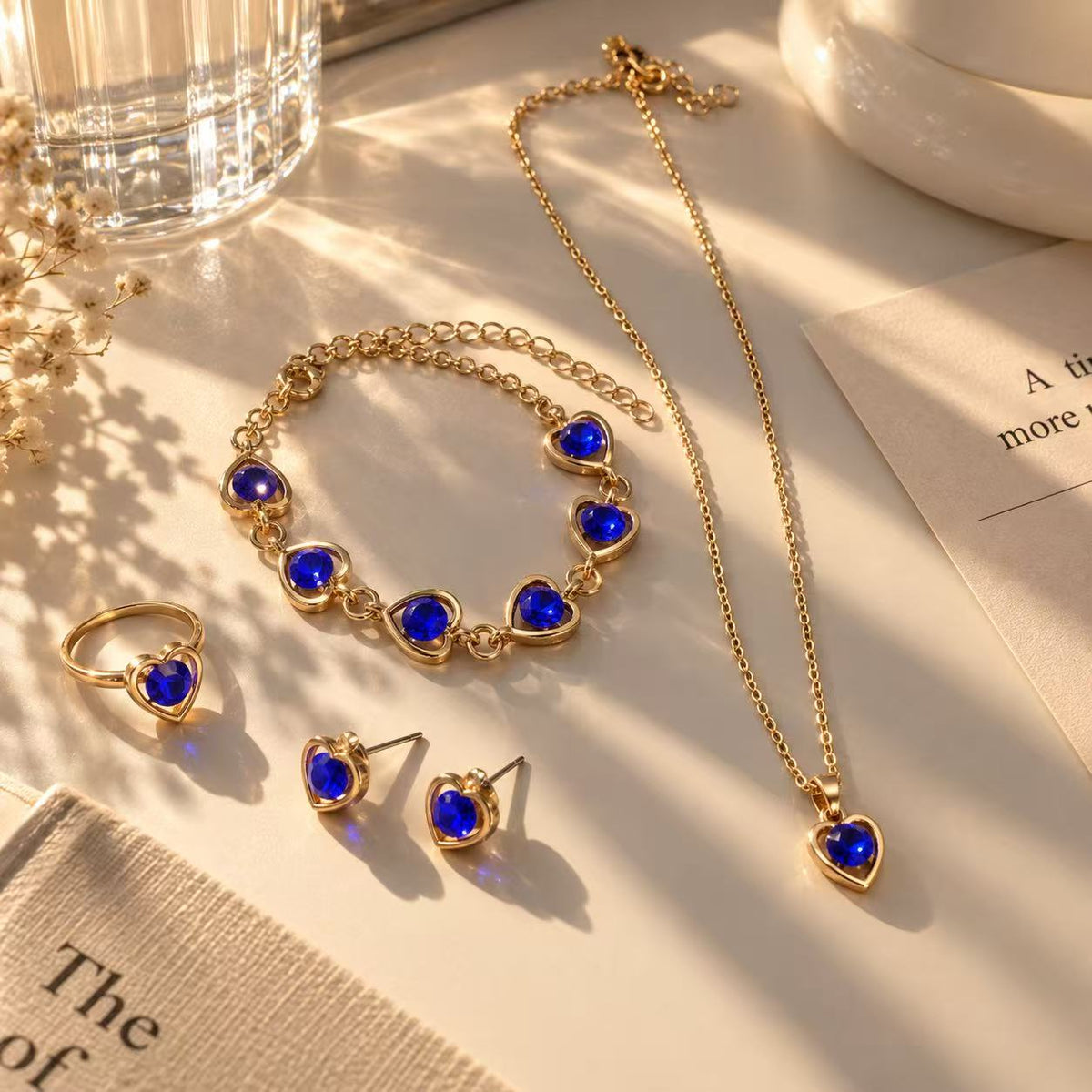 Blue Heart Jewelry Set for Women, Gold Tone Necklace, Bracelet, Earrings & Ring, Elegant Everyday Jewelry Gift