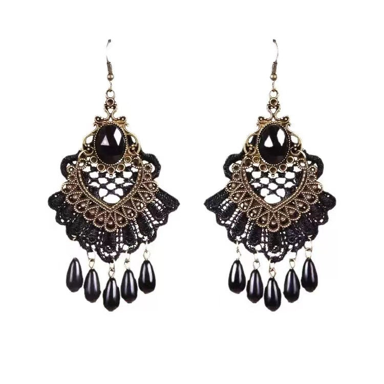 Vintage Gothic Lace Drop Earrings – Black & Ivory Statement Dangle Earrings, Crystal-Inspired Boho Jewelry for Halloween & Everyday Style