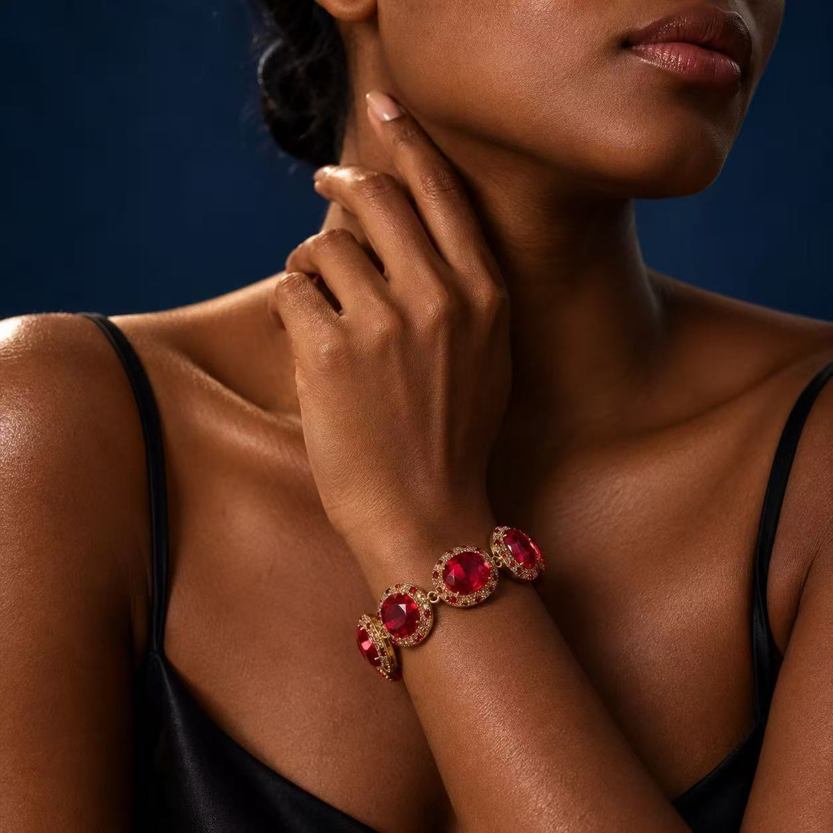 Red Crystal Gold-Tone Statement Bracelet – Vintage Glamour Oval Gemstone Jewelry