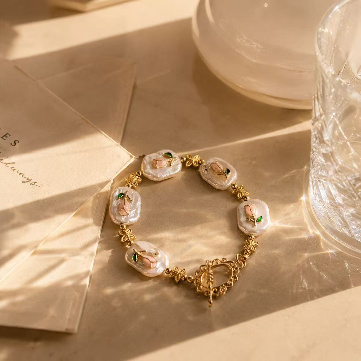 Floral Mother of Pearl Bracelet – Gold Butterfly & Pink Flower Statement Jewelry