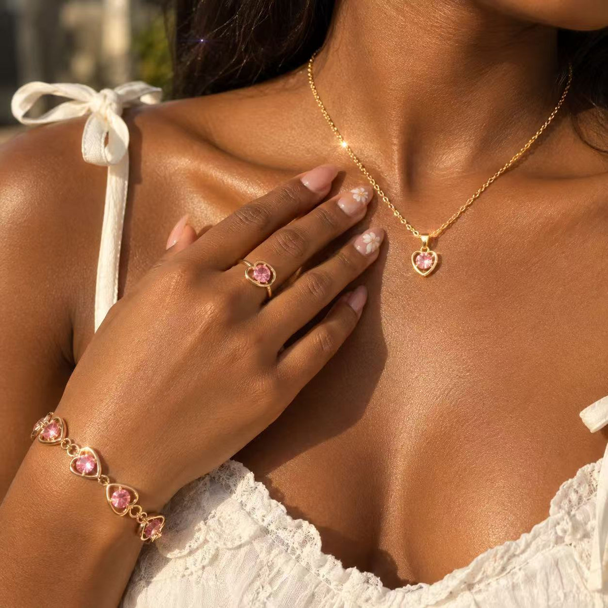 Heart Pink Stone Jewelry Set, Gold-Tone Necklace Bracelet Earrings Ring, 4-Piece Set