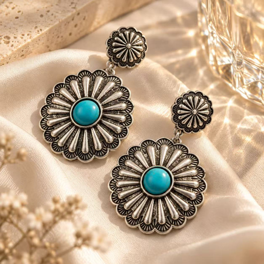 Vintage Silver Tone Statement Drop Earrings, Boho Turquoise Teardrop Dangle Earrings for Women Festival Vacation Jewelry Gift