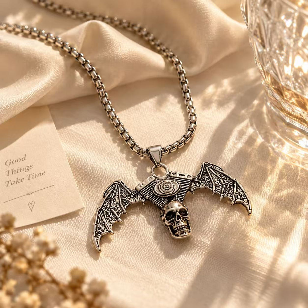 Winged Skull Pendant Necklace for Women & Men, Silver Tone Gothic Statement Chain, Vintage Punk Fashion Jewelry
