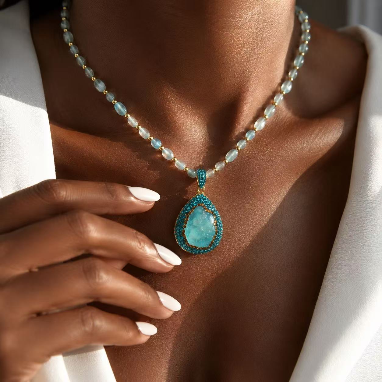 Aqua Blue Crystal Teardrop Necklace Elegant Teardrop Pendant Necklace with Turquoise Stone and Gold-Tone Beads for Women's Fashion Jewelry