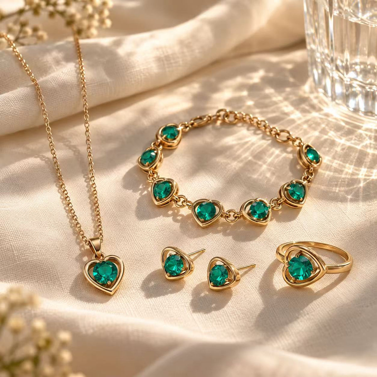 Green Heart Crystal Jewelry Set for Women, Gold-Tone Necklace, Bracelet, Ring & Stud Earrings, Elegant 4-Piece Gift Set