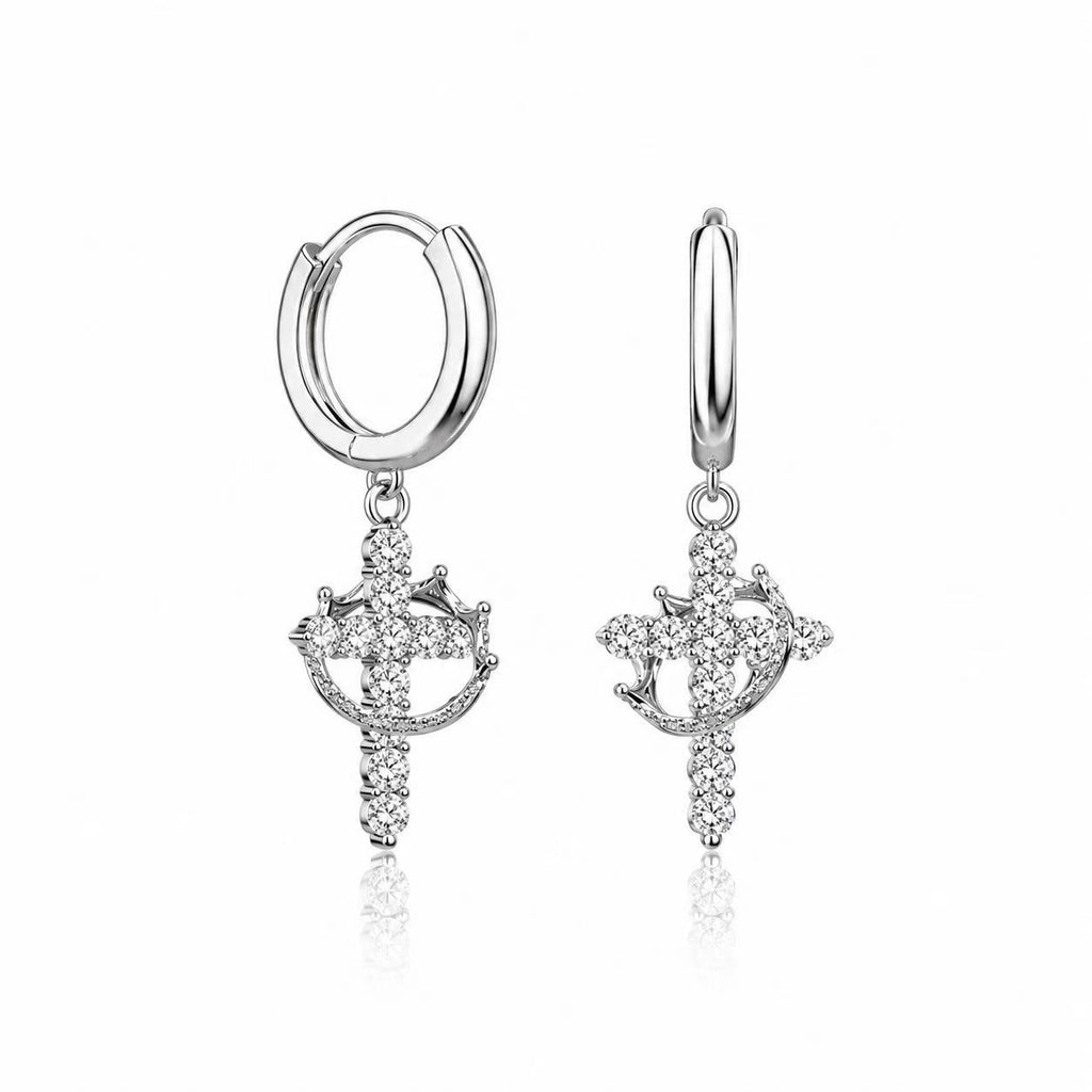 Gold Tone Cross Crown Dangle Earrings for Women, Sparkling Clear Stone Hoop Drop Earrings, Vintage Inspired Statement Jewelry, Gift for Her