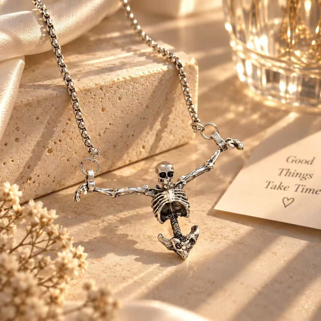 Gothic Skeleton Pendant Necklace for Women & Men, Silver Tone Punk Statement Chain, Halloween Costume Jewelry, Vintage Alternative Style