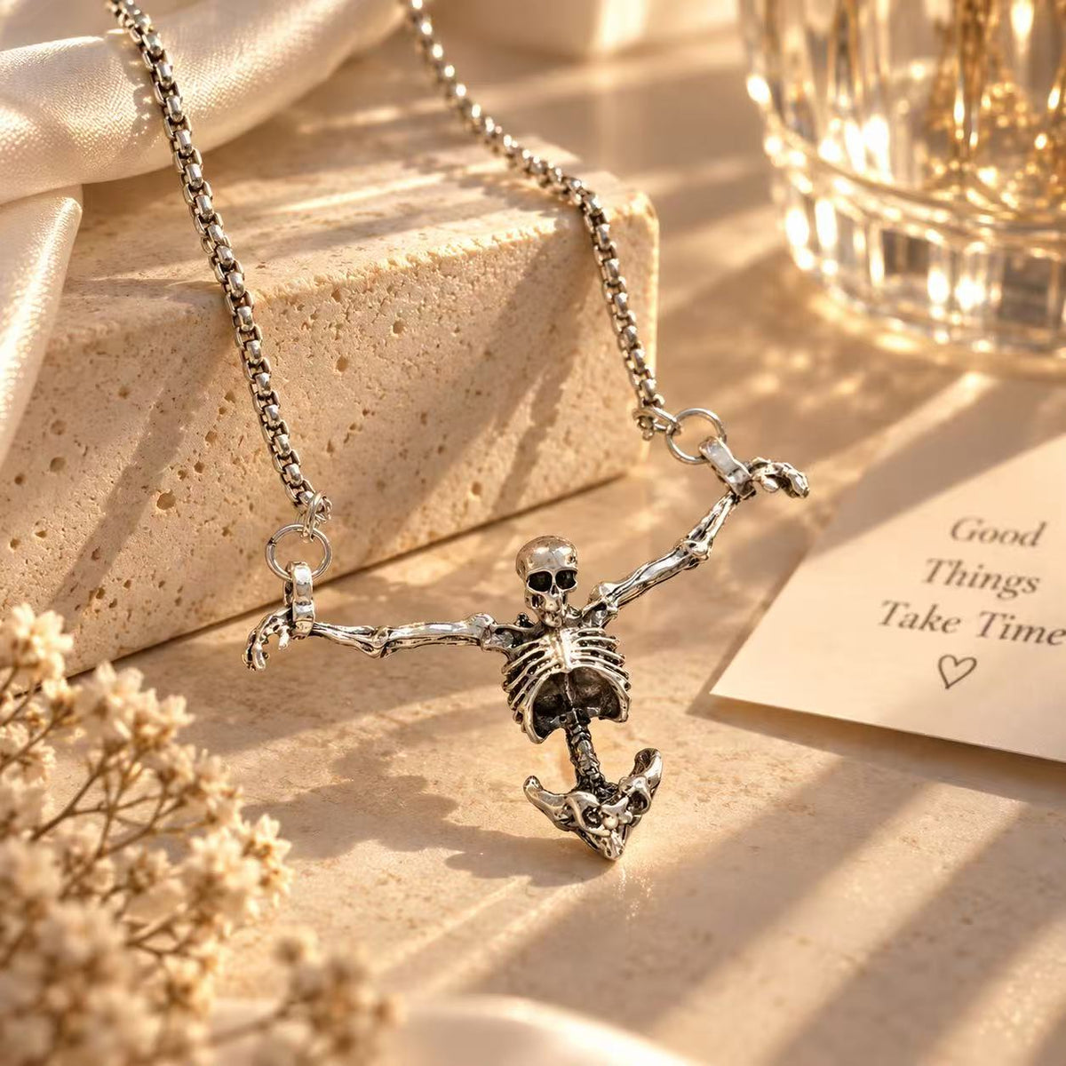 Gothic Skeleton Pendant Necklace for Women & Men, Silver Tone Punk Statement Chain, Halloween Costume Jewelry, Vintage Alternative Style