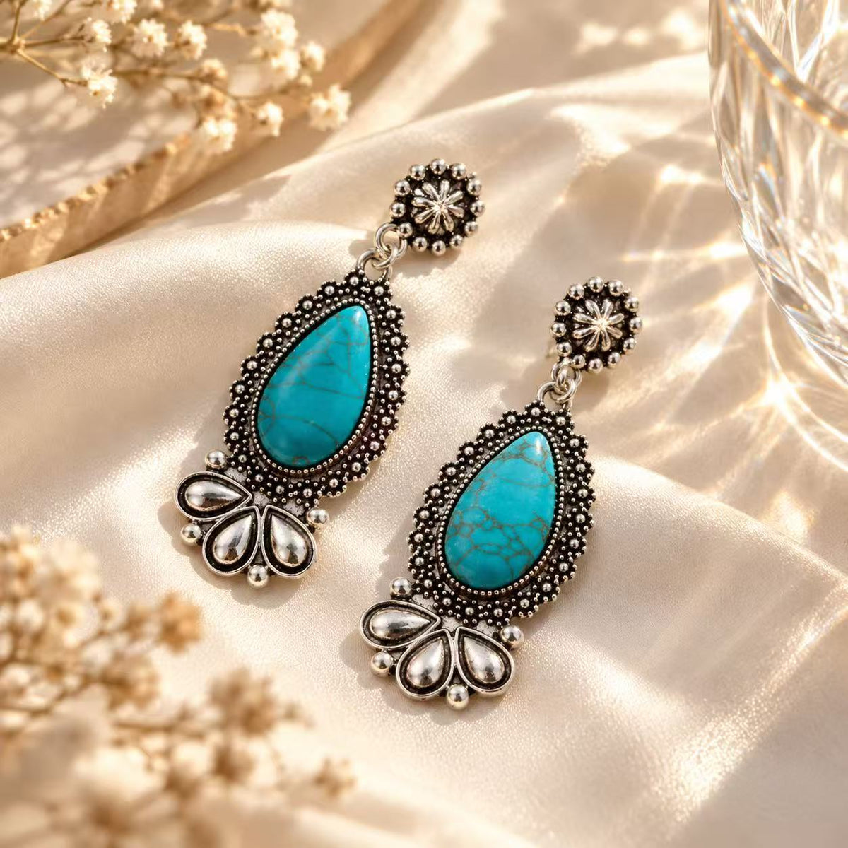 Boho Turquoise Teardrop Dangle Earrings for Women, Vintage Silver Tone Statement Drop Earrings, Festival Vacation Jewelry Gift
