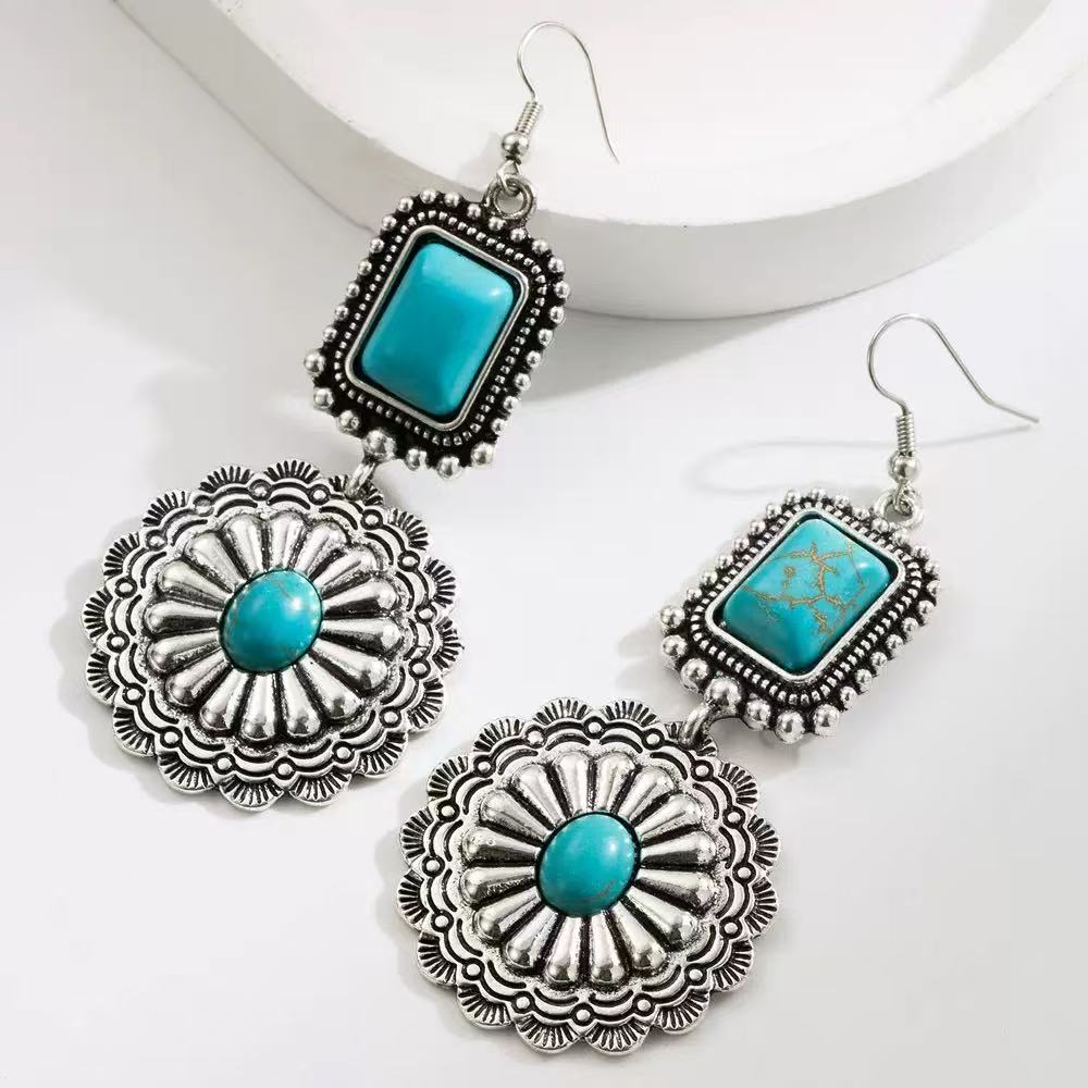Festival Vacation Jewelry Gift,Boho Turquoise Teardrop Dangle Earrings for Women, Vintage Silver Tone Statement Drop Earrings