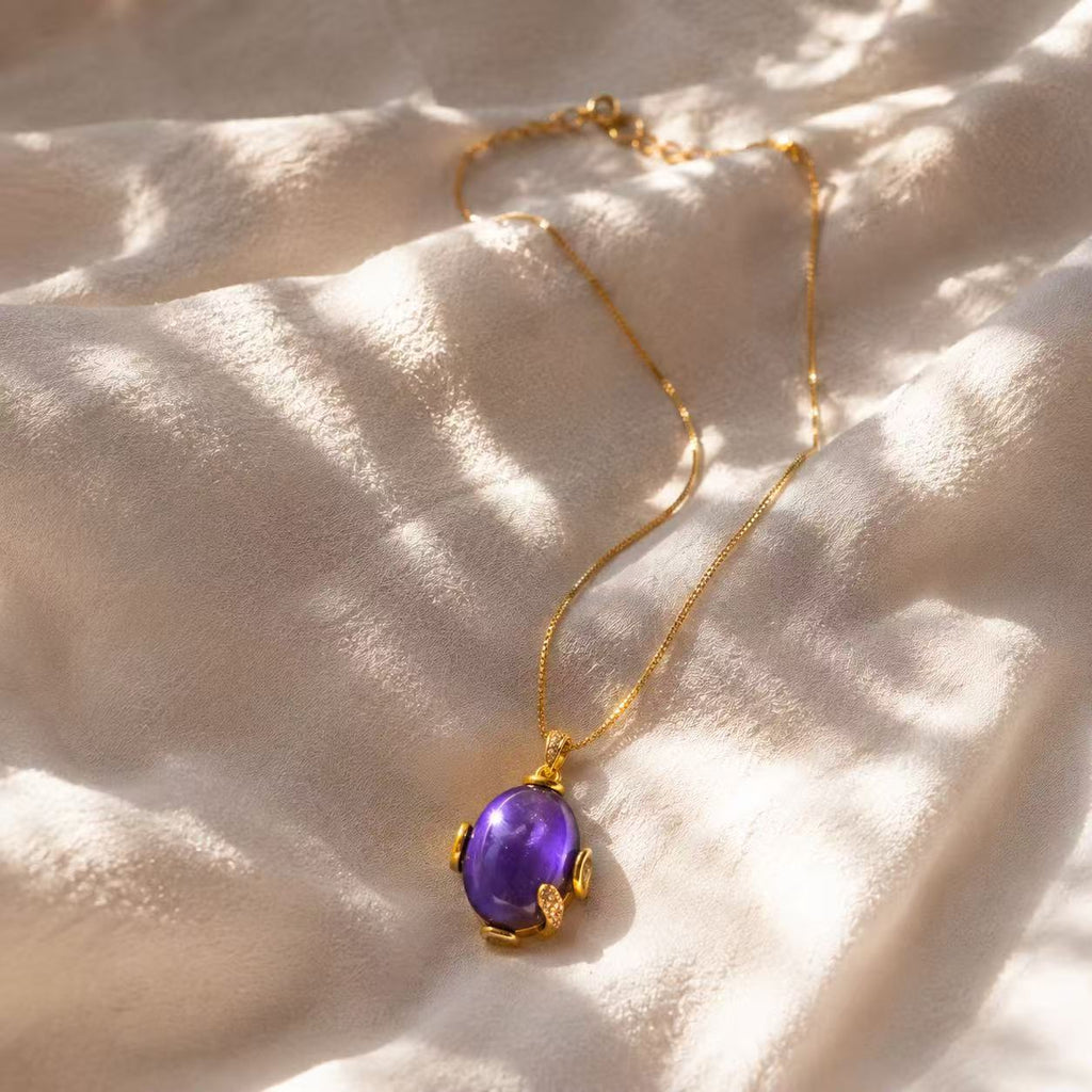 Amethyst Crystal Necklace Elegant Purple Amethyst Pendant Necklace in Gold Chain for Women's Fashion Jewelry