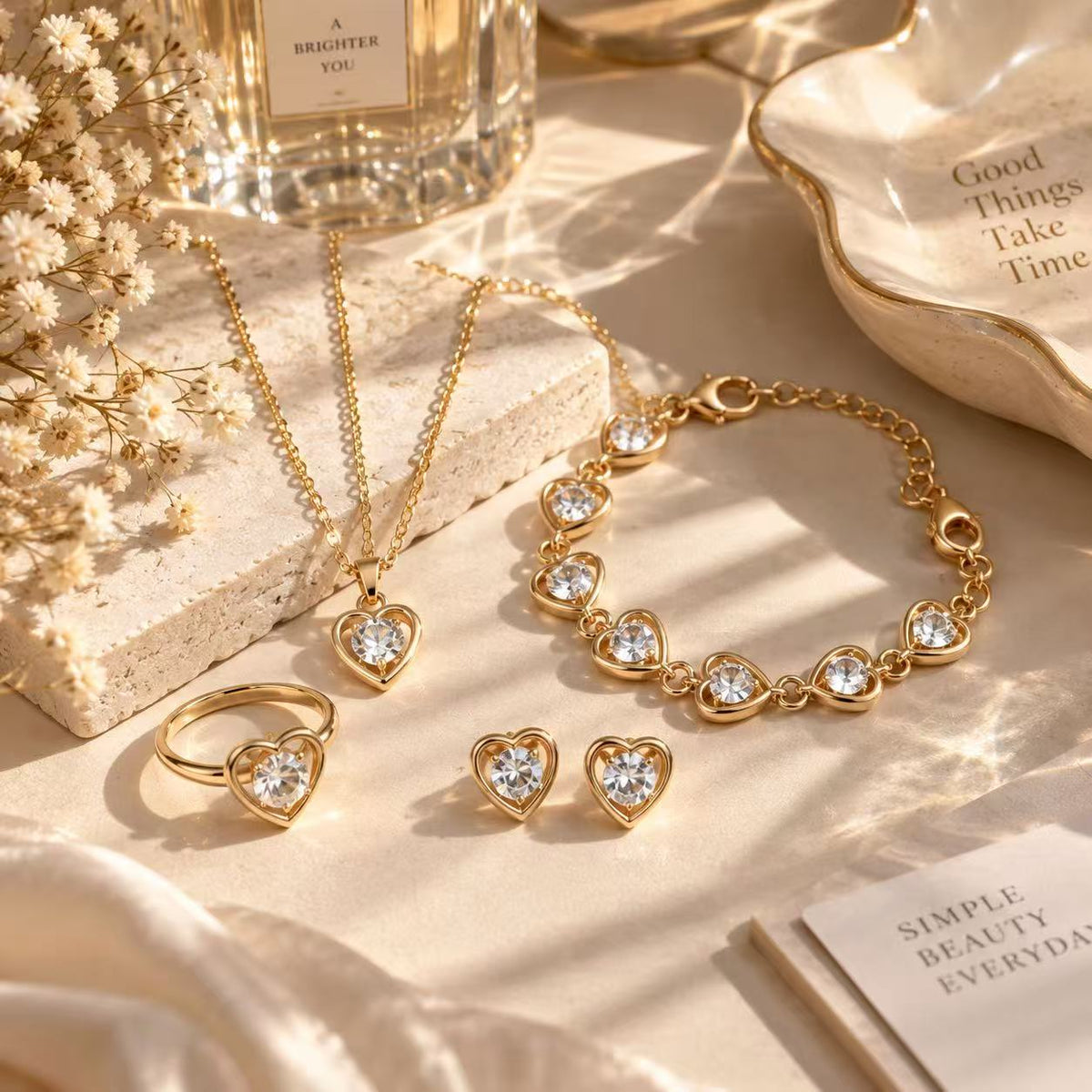 4-Piece Heart Crystal Jewelry Set for Women, Gold-Tone Necklace, Bracelet, Stud Earrings & Ring, Elegant Matching Jewelry Set