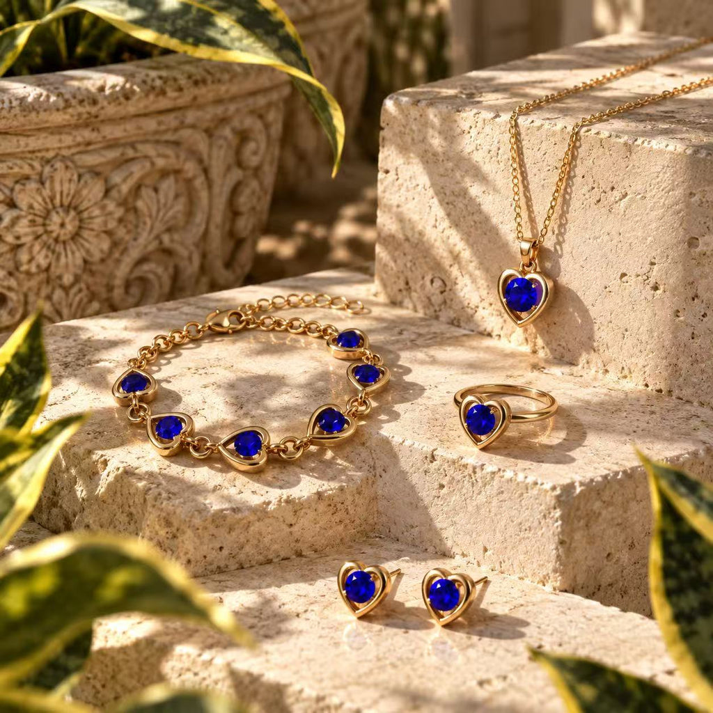 Blue Heart Jewelry Set for Women, Gold Tone Necklace, Bracelet, Earrings & Ring, Elegant Everyday Jewelry Gift