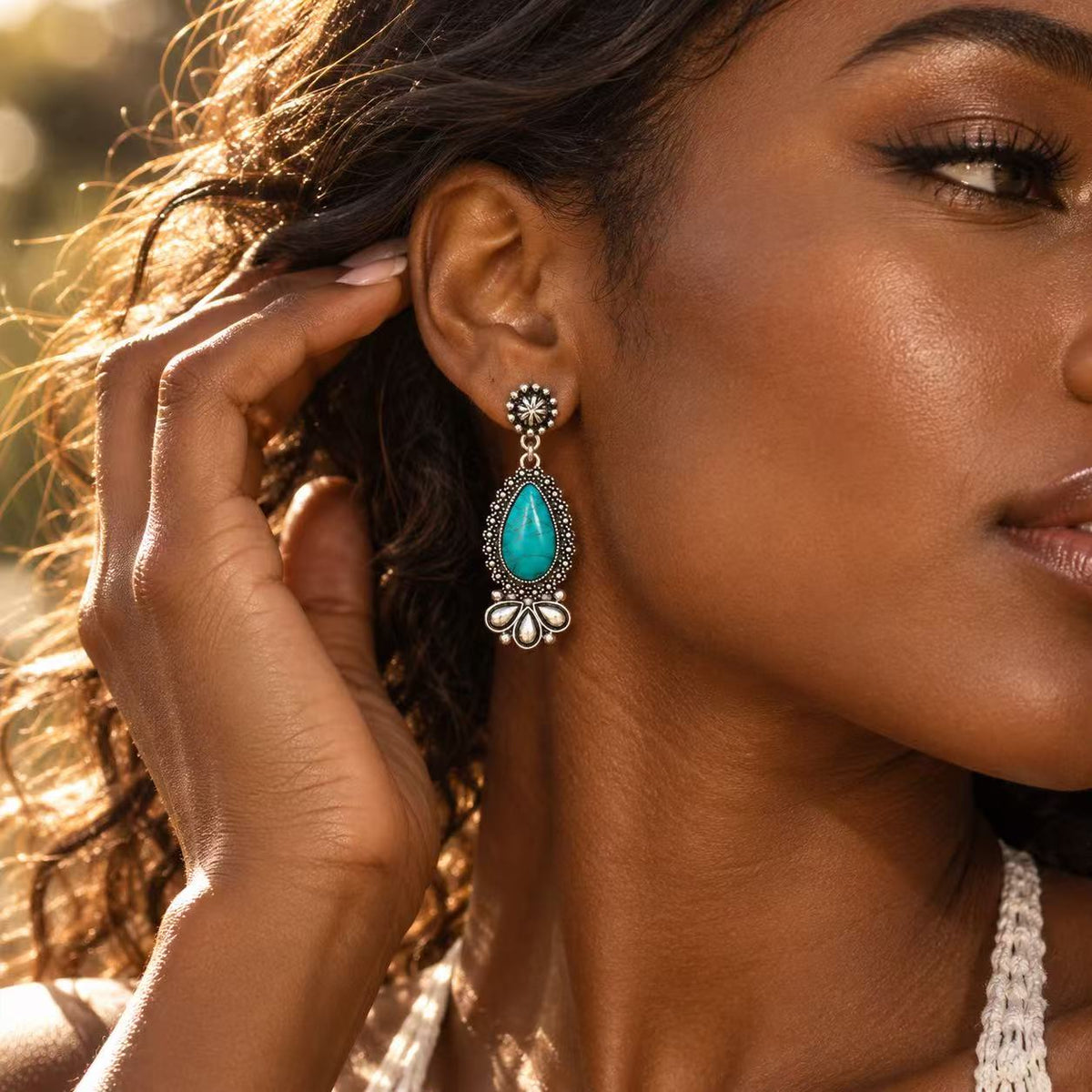 Boho Turquoise Teardrop Dangle Earrings for Women, Vintage Silver Tone Statement Drop Earrings, Festival Vacation Jewelry Gift