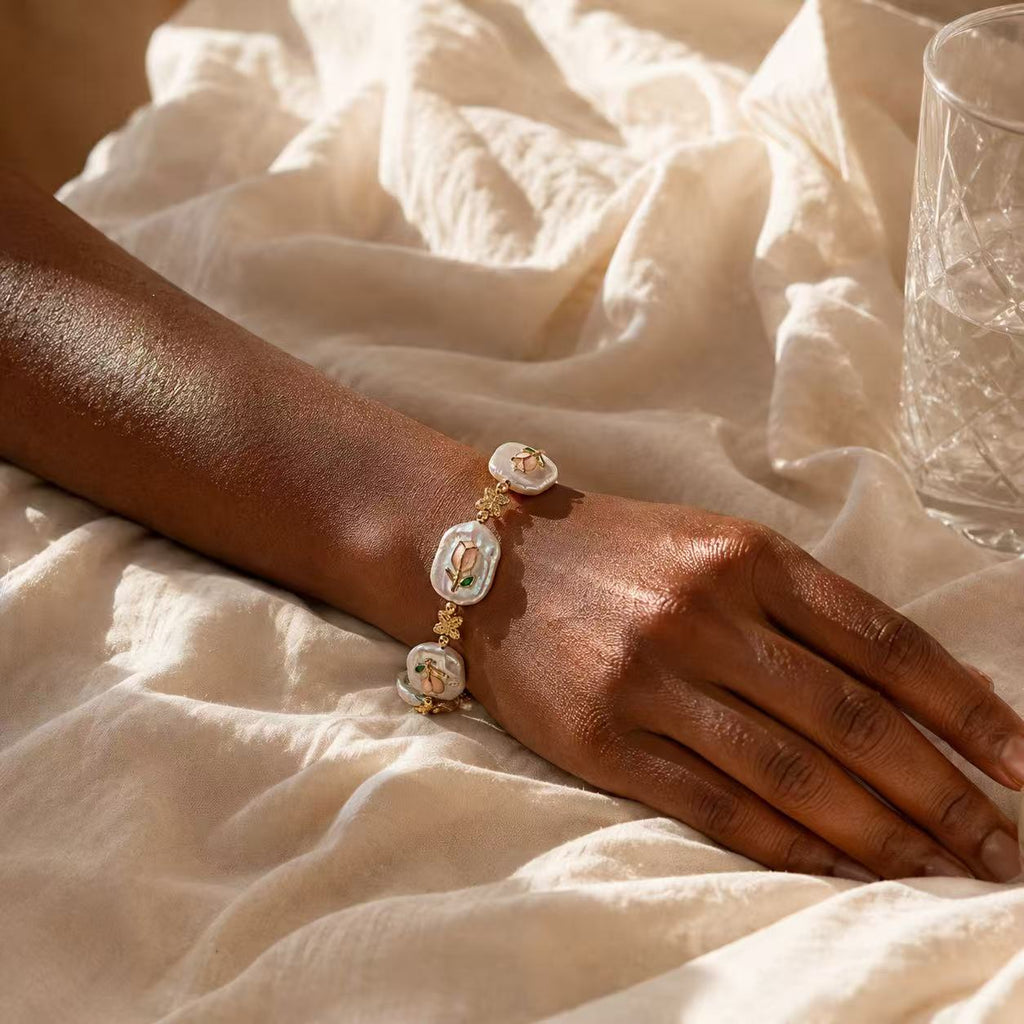 Floral Mother of Pearl Bracelet – Gold Butterfly & Pink Flower Statement Jewelry