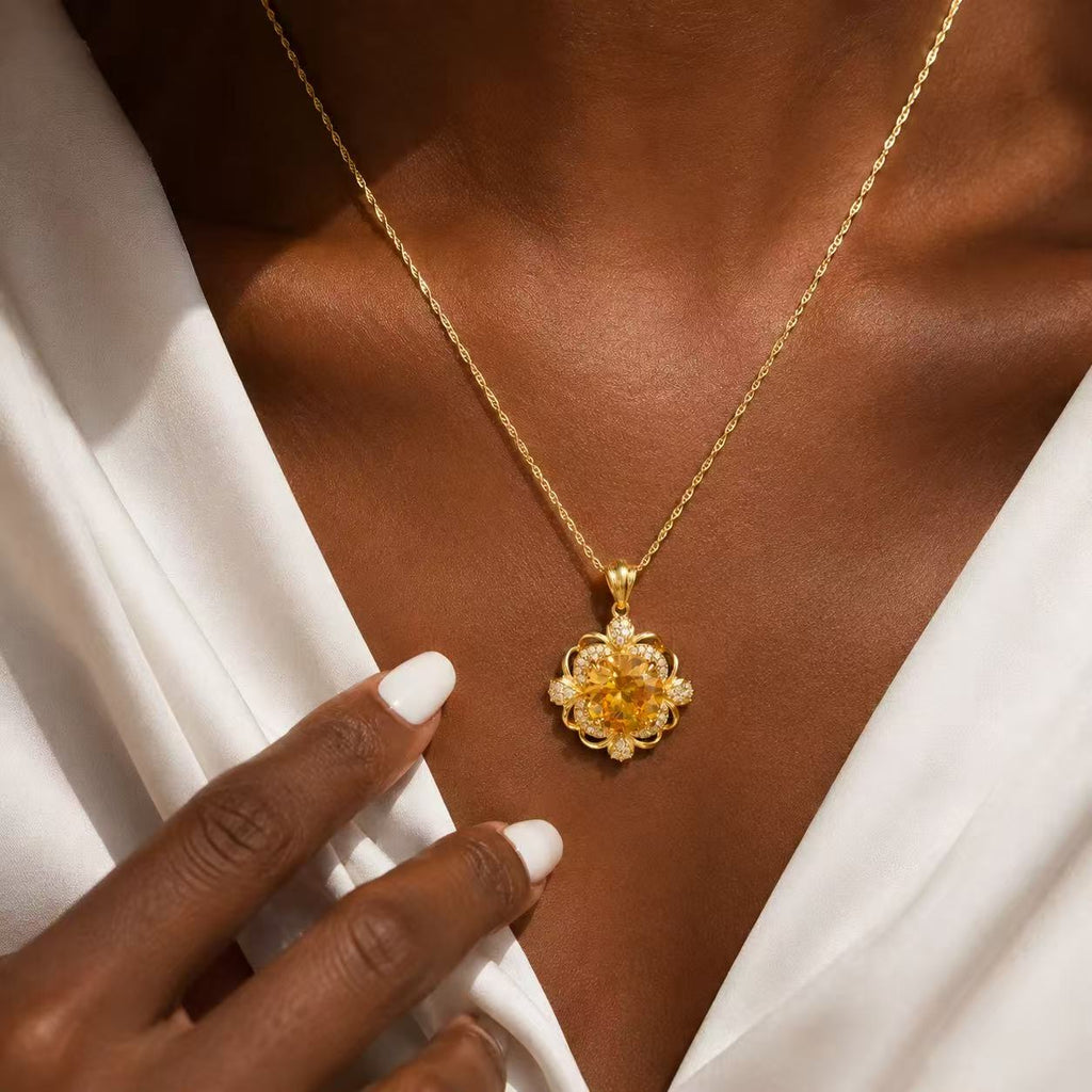 Golden Flower Crystal Pendant Necklace Elegant Gold Flower Pendant Necklace with Yellow Gemstone and Sparkling Accents for Women's Jewelry