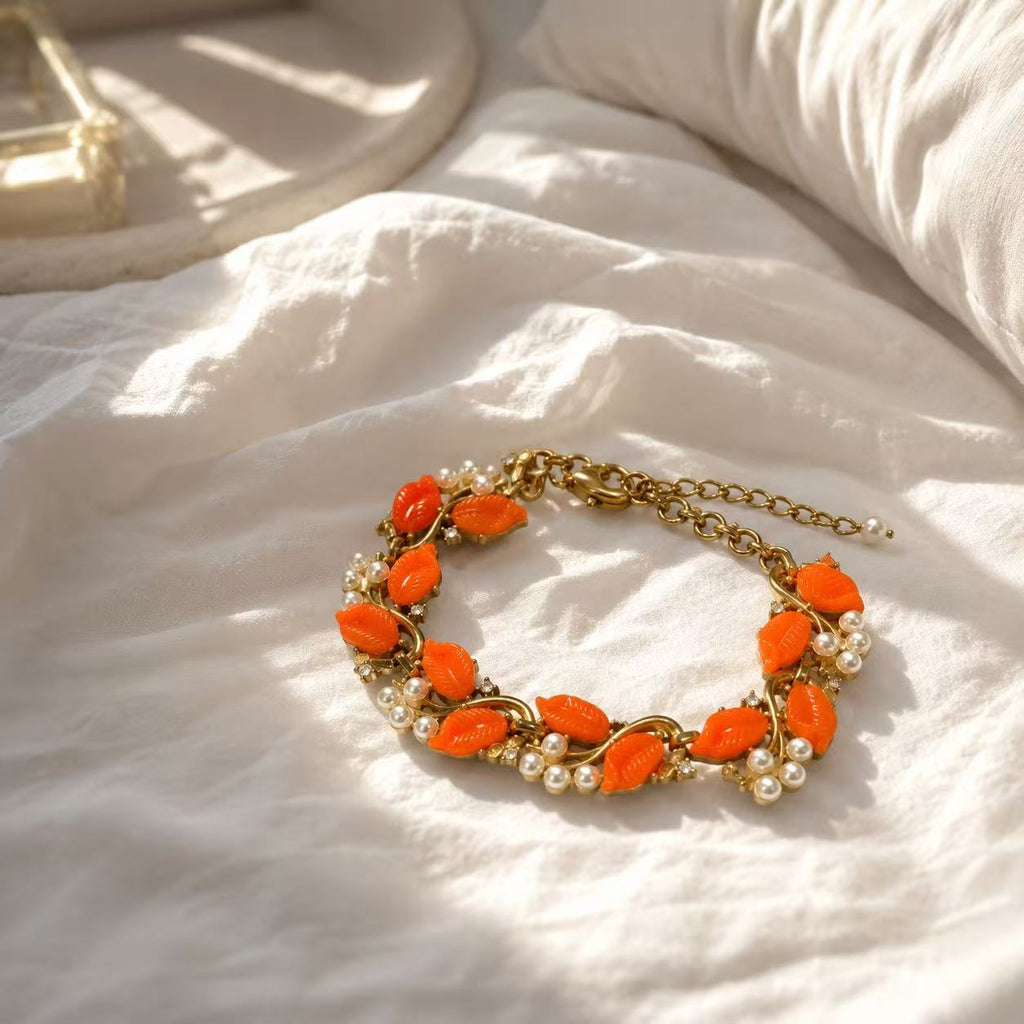Orange Leaf Pearl Bracelet – Vintage Gold Statement Jewelry, Elegant Gift for Her