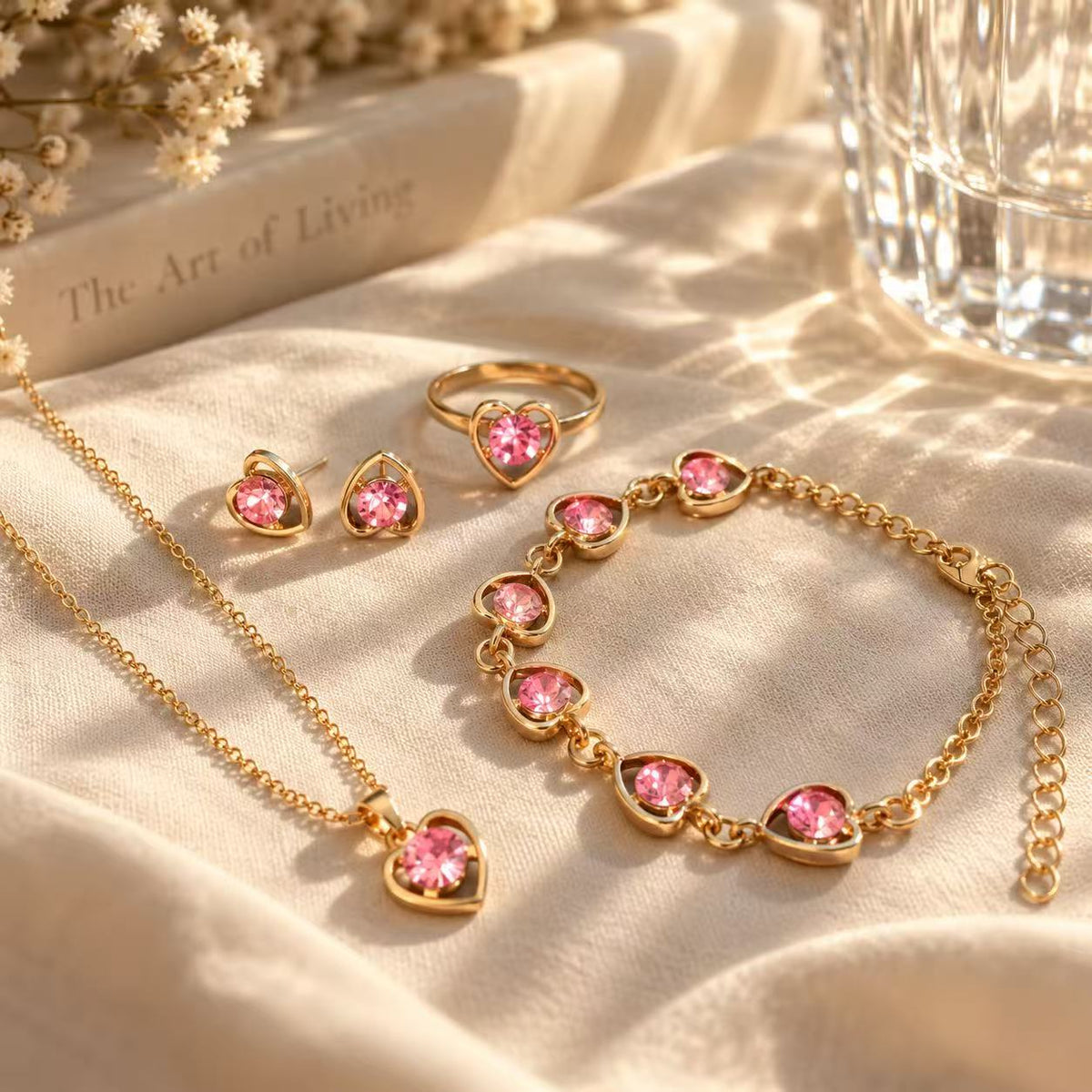 Heart Pink Stone Jewelry Set, Gold-Tone Necklace Bracelet Earrings Ring, 4-Piece Set