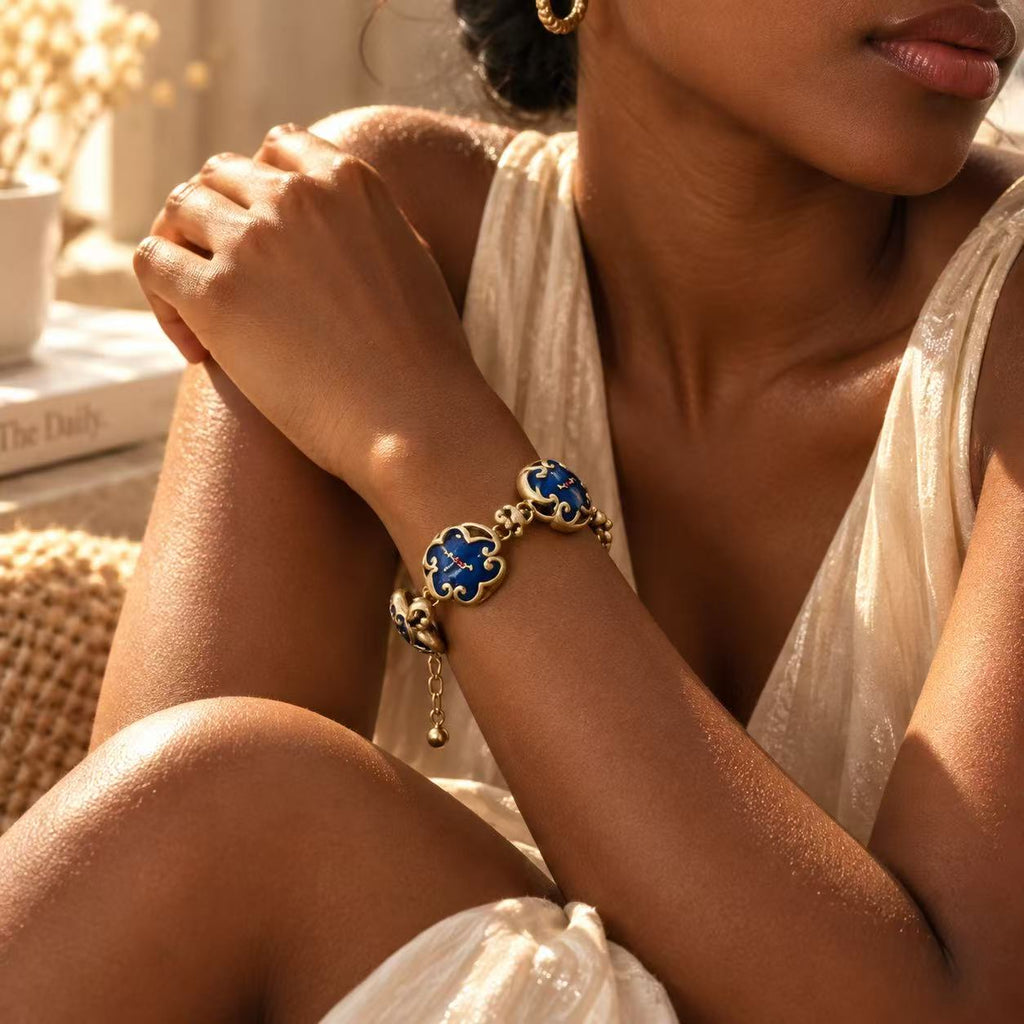 Blue Enamel Gold-Tone Statement Bracelet – Vintage Floral Charm Jewelry