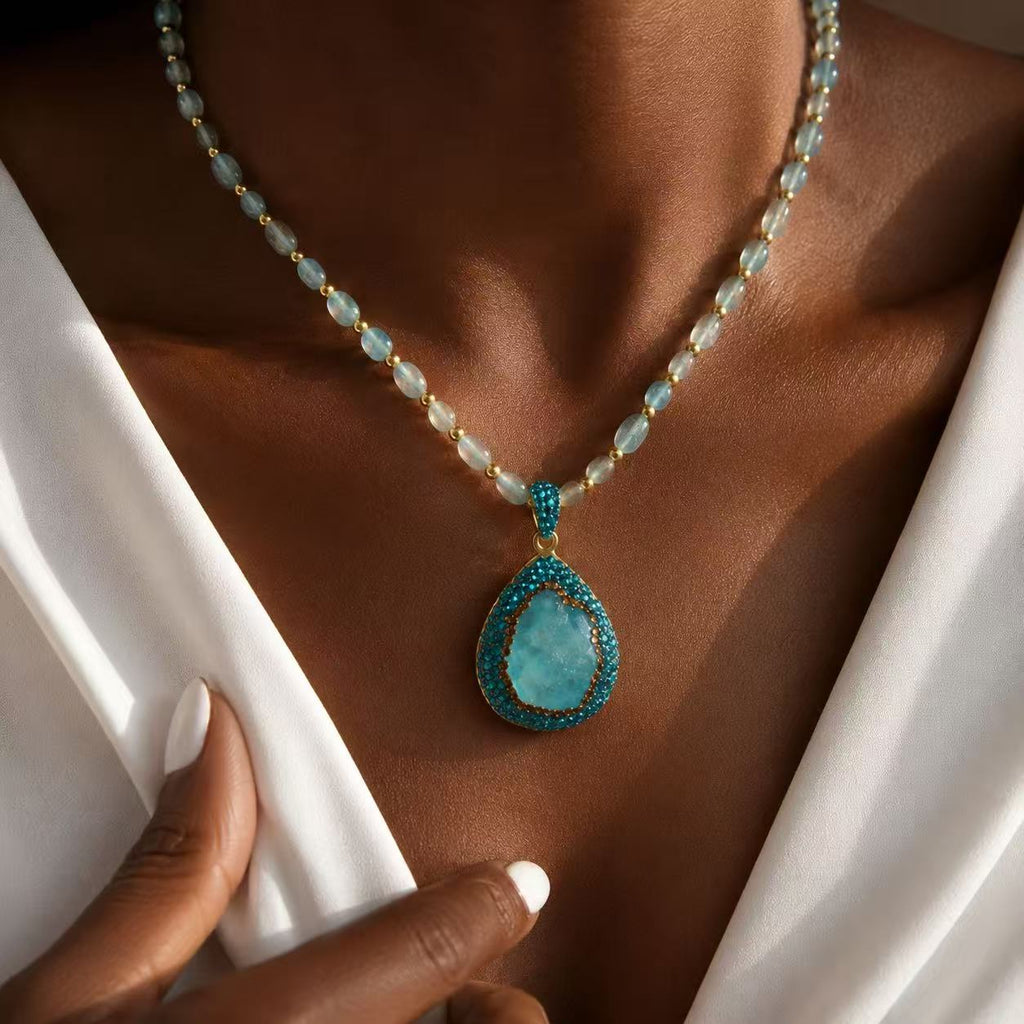 Aqua Blue Crystal Teardrop Necklace Elegant Teardrop Pendant Necklace with Turquoise Stone and Gold-Tone Beads for Women's Fashion Jewelry