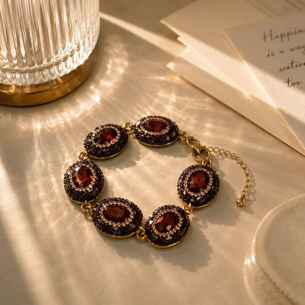 Garnet & Amethyst Statement Bracelet – Vintage-Inspired Gold-Tone Gemstone Jewelry