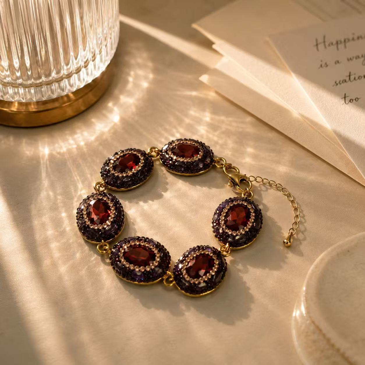 Garnet & Amethyst Statement Bracelet – Vintage-Inspired Gold-Tone Gemstone Jewelry