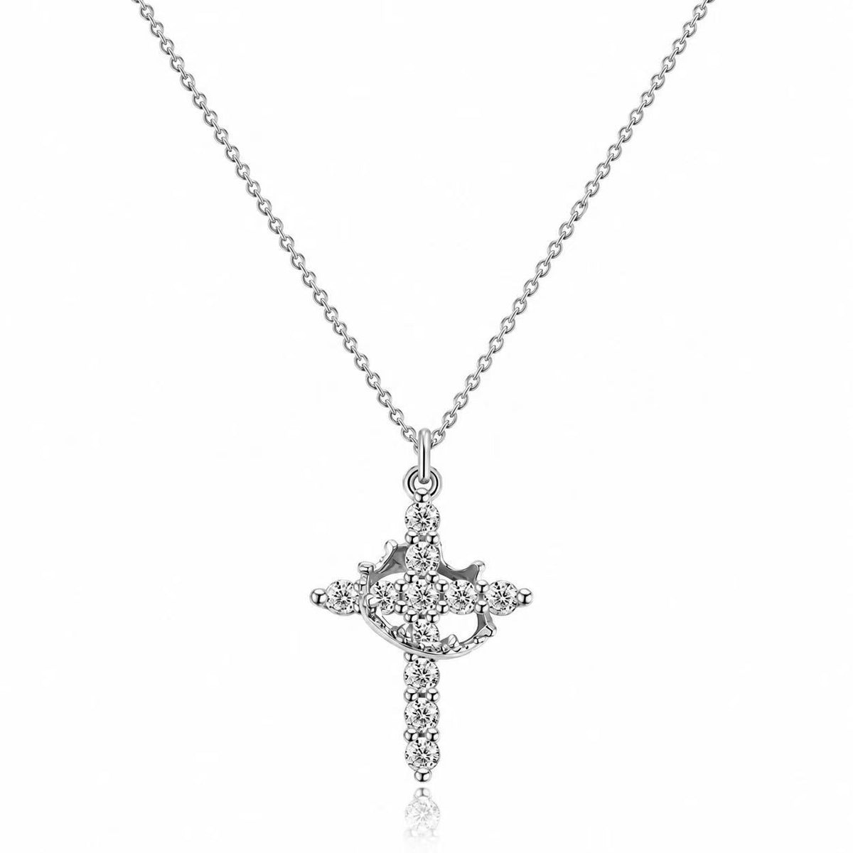 Gold Tone Cross Pendant Necklace for Women, Sparkling Clear Stone Cross with Angel Detail, Vintage Inspired Statement Jewelry, Gift for Her