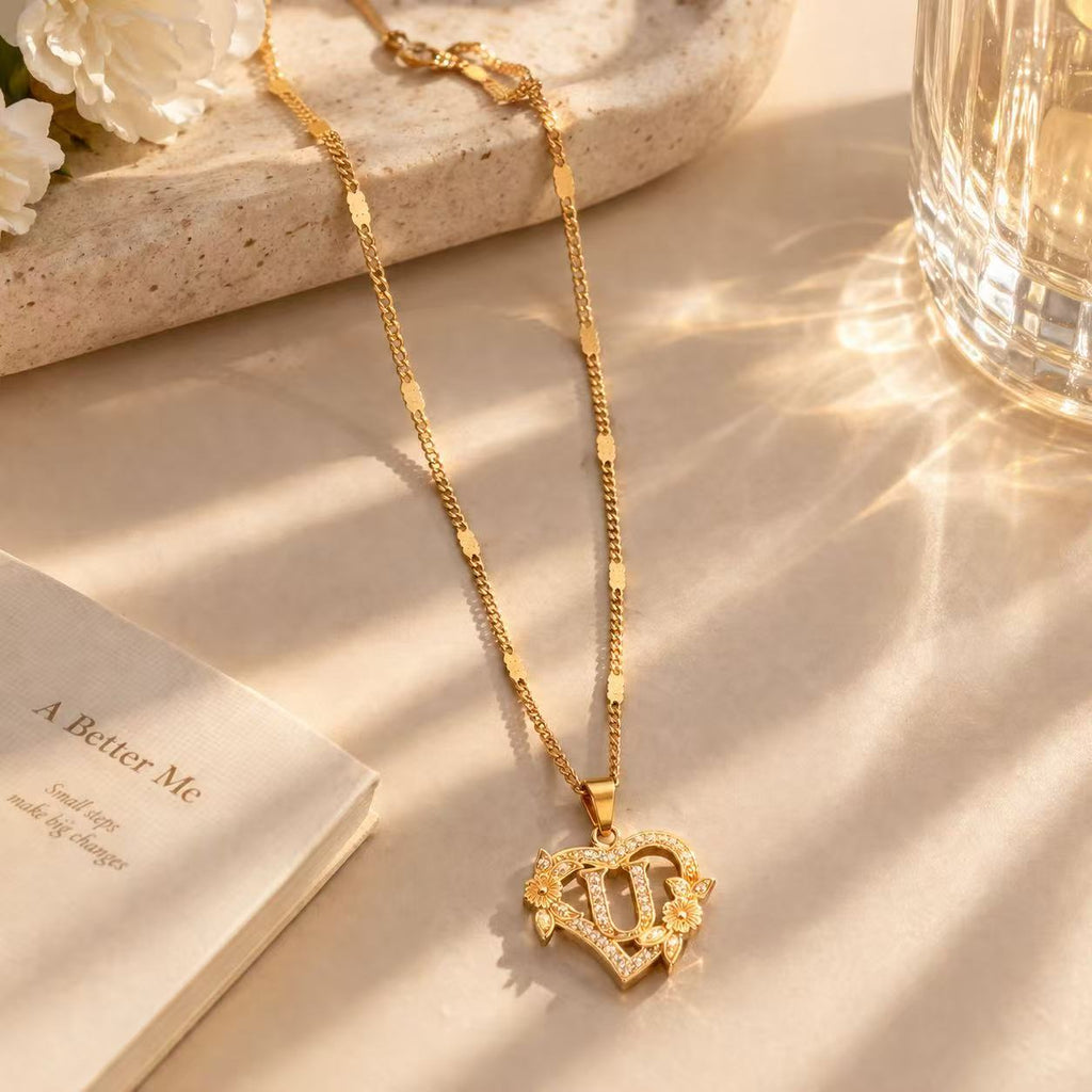 Gold Tone Heart Initial Pendant Necklace with Floral Detail, Sparkling Letter Charm Necklace, Romantic Jewelry Gift for Women