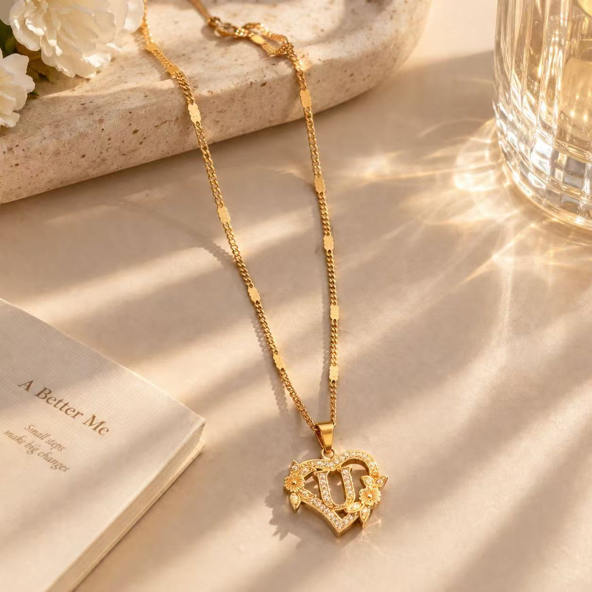 Gold Tone Heart Initial Pendant Necklace with Floral Detail, Sparkling Letter Charm Necklace, Romantic Jewelry Gift for Women