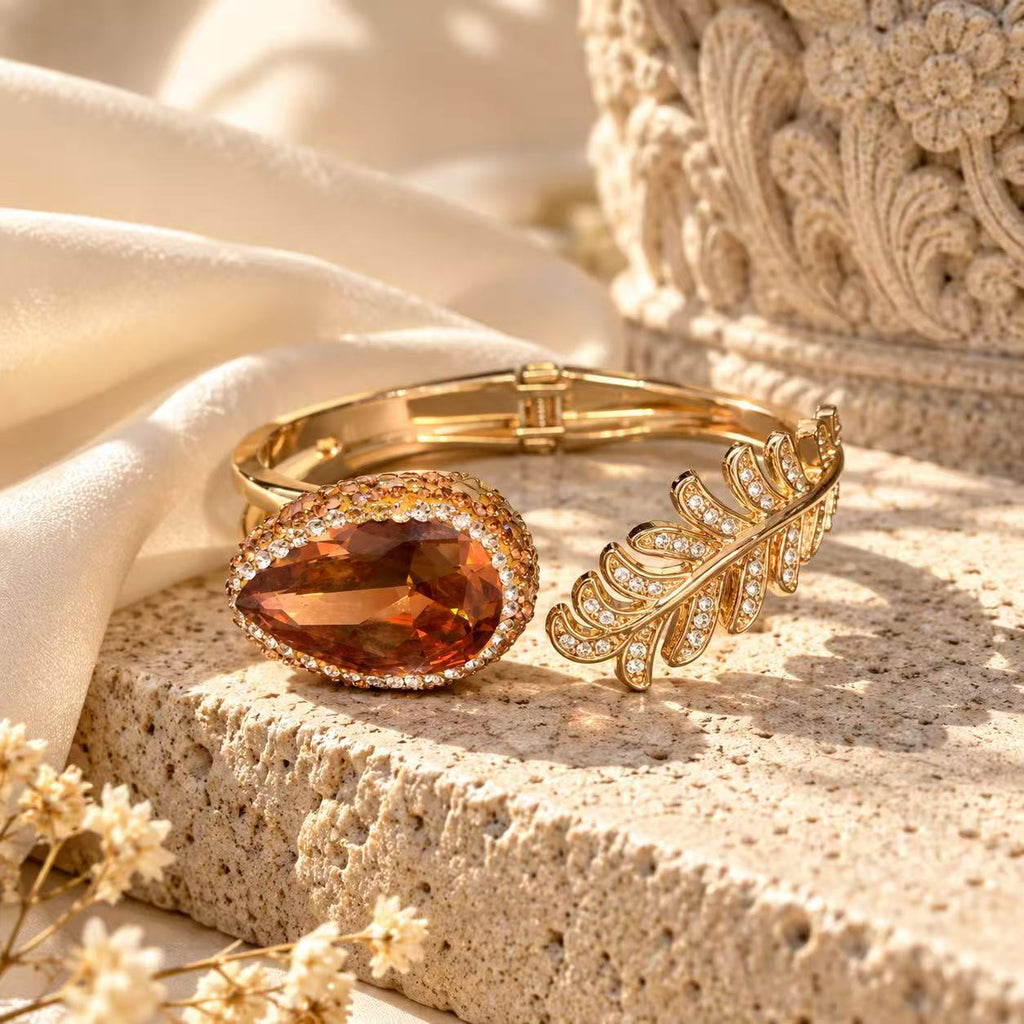 Amber Leaf Cuff Bracelet – Crystal-Embellished Statement Jewelry for Women