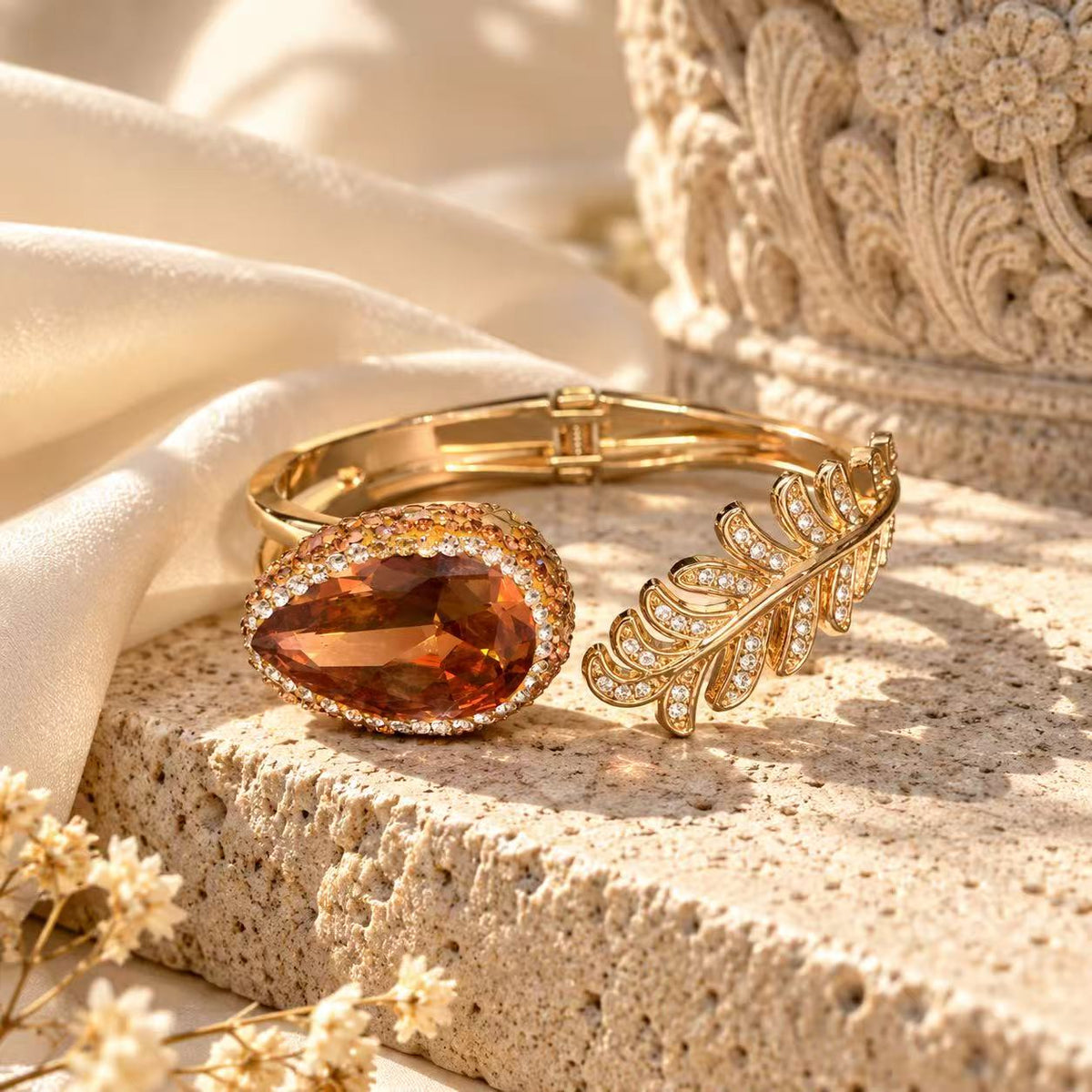 Amber Leaf Cuff Bracelet – Crystal-Embellished Statement Jewelry for Women