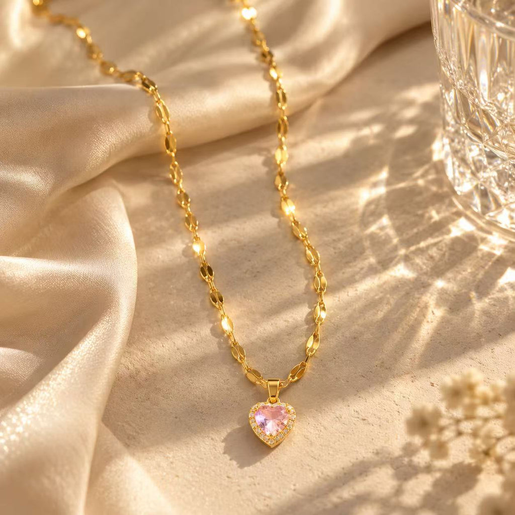 Pink Heart Pendant Necklace for Women, Silver Tone Gold Tone Sparkling Halo Heart Necklace, Romantic Everyday Jewelry Gift