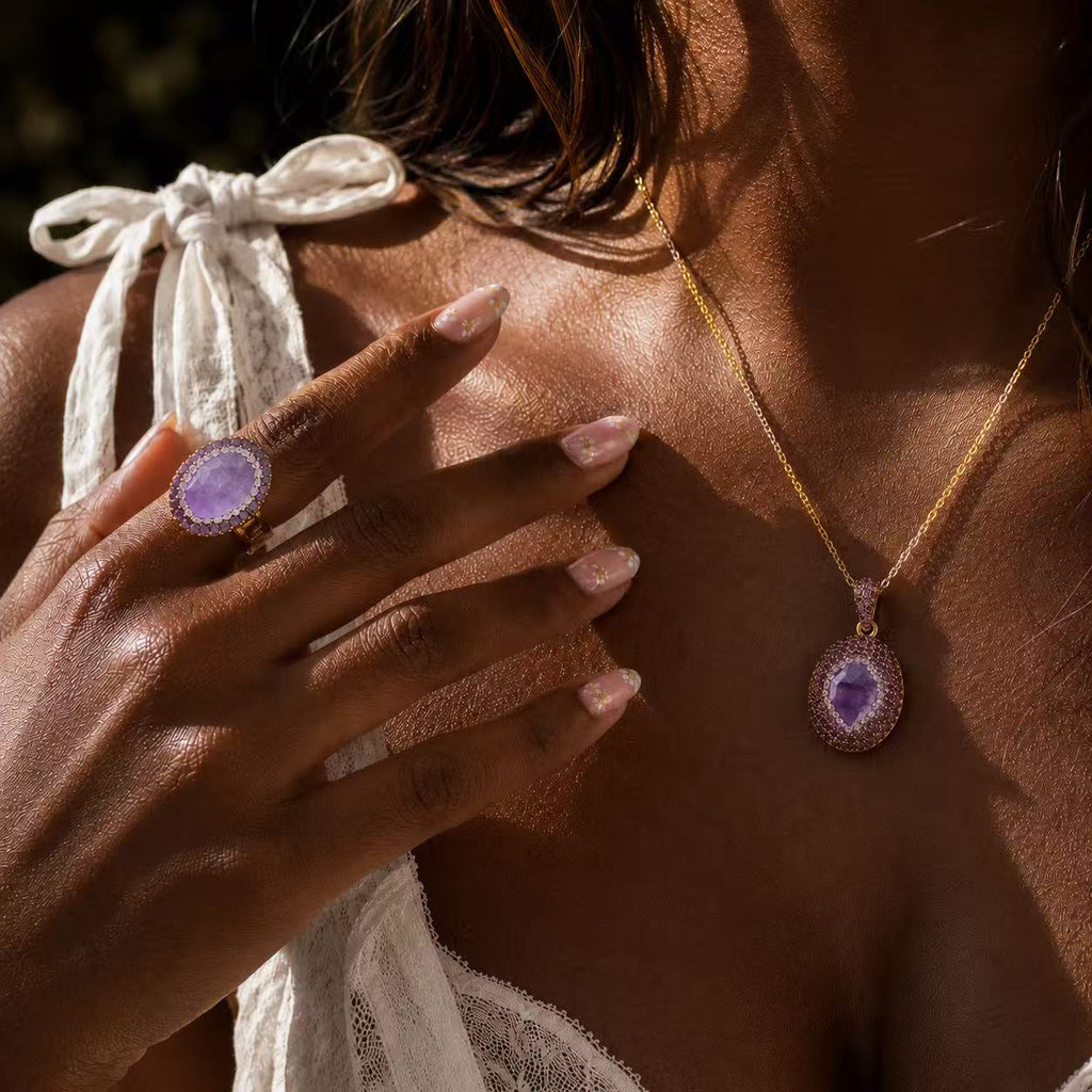 Amethyst Statement Ring for Women | Purple Crystal Cocktail Ring | Vintage Gold-Tone Oval Gemstone Jewelry Elegant Purple Gemstone Ring with Sparkling Halo Design for Women's Fashion Jewelry