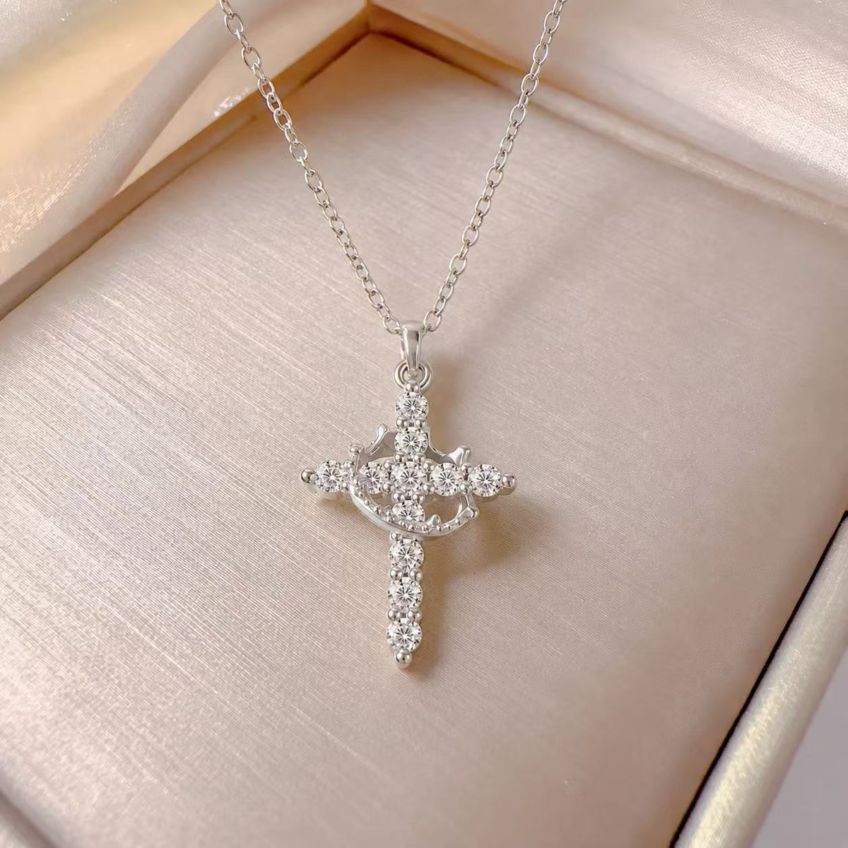 Gold Tone Cross Pendant Necklace for Women, Sparkling Clear Stone Cross with Angel Detail, Vintage Inspired Statement Jewelry, Gift for Her