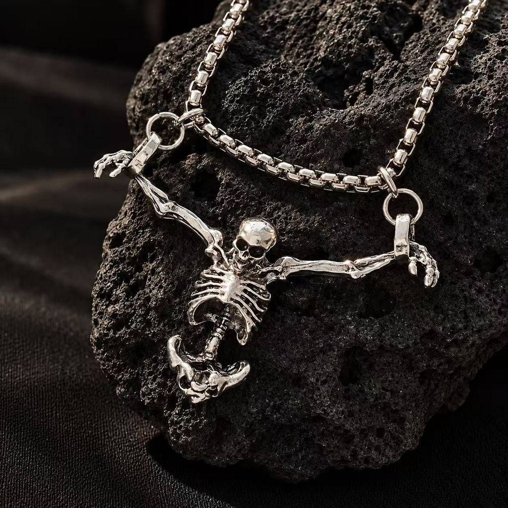 Gothic Skeleton Pendant Necklace for Women & Men, Silver Tone Punk Statement Chain, Halloween Costume Jewelry, Vintage Alternative Style
