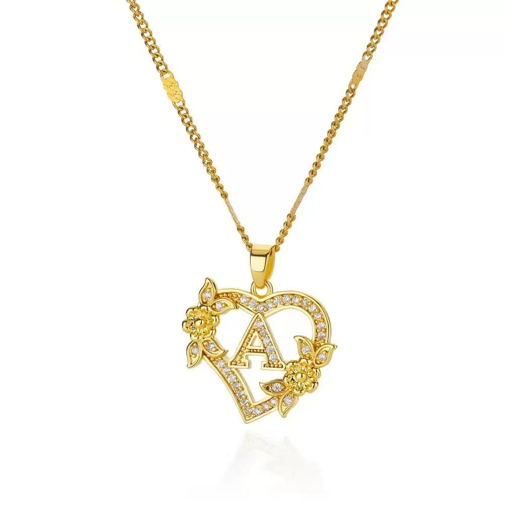 Gold Tone Heart Initial Pendant Necklace with Floral Detail, Sparkling Letter Charm Necklace, Romantic Jewelry Gift for Women