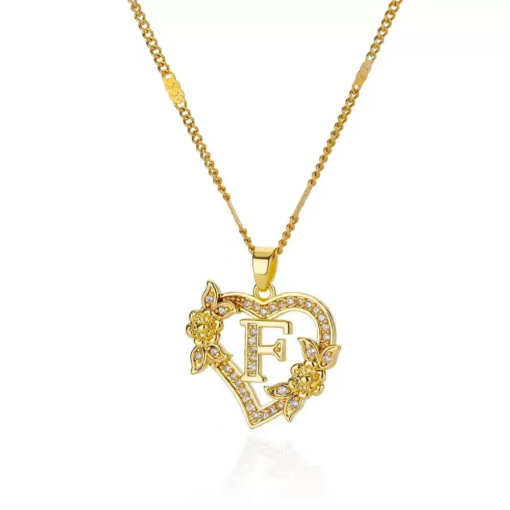 Gold Tone Heart Initial Pendant Necklace with Floral Detail, Sparkling Letter Charm Necklace, Romantic Jewelry Gift for Women