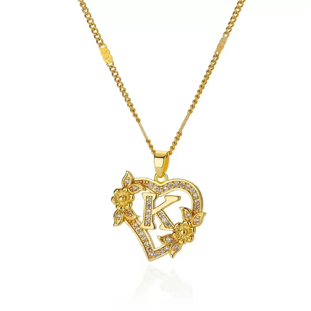 Gold Tone Heart Initial Pendant Necklace with Floral Detail, Sparkling Letter Charm Necklace, Romantic Jewelry Gift for Women
