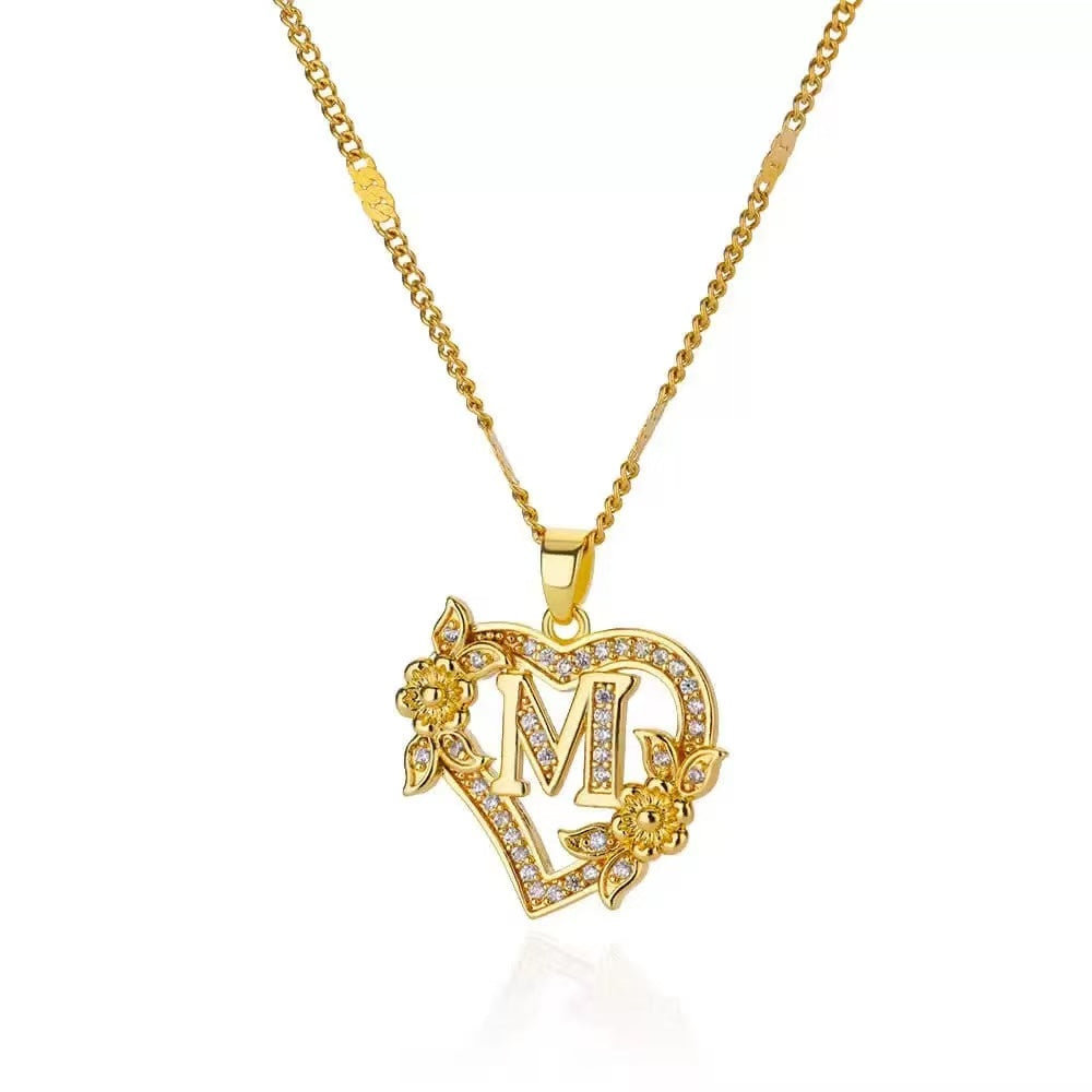 Gold Tone Heart Initial Pendant Necklace with Floral Detail, Sparkling Letter Charm Necklace, Romantic Jewelry Gift for Women