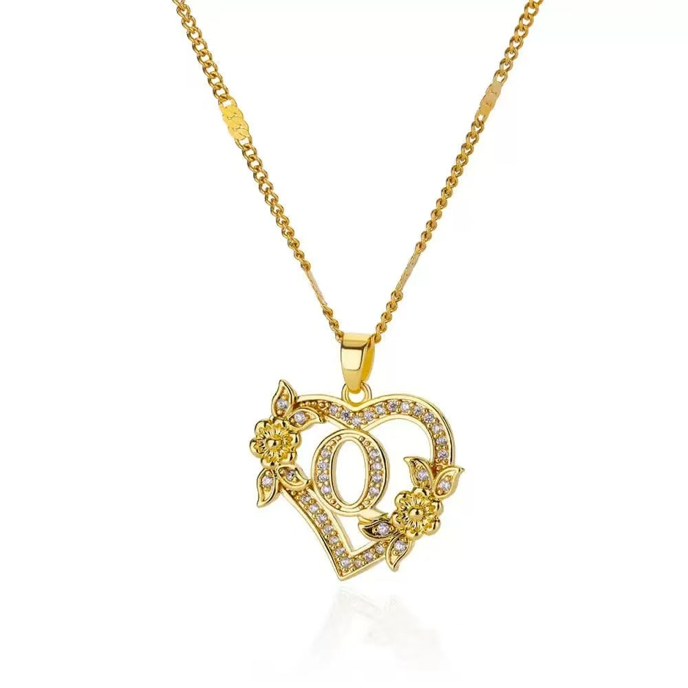 Gold Tone Heart Initial Pendant Necklace with Floral Detail, Sparkling Letter Charm Necklace, Romantic Jewelry Gift for Women